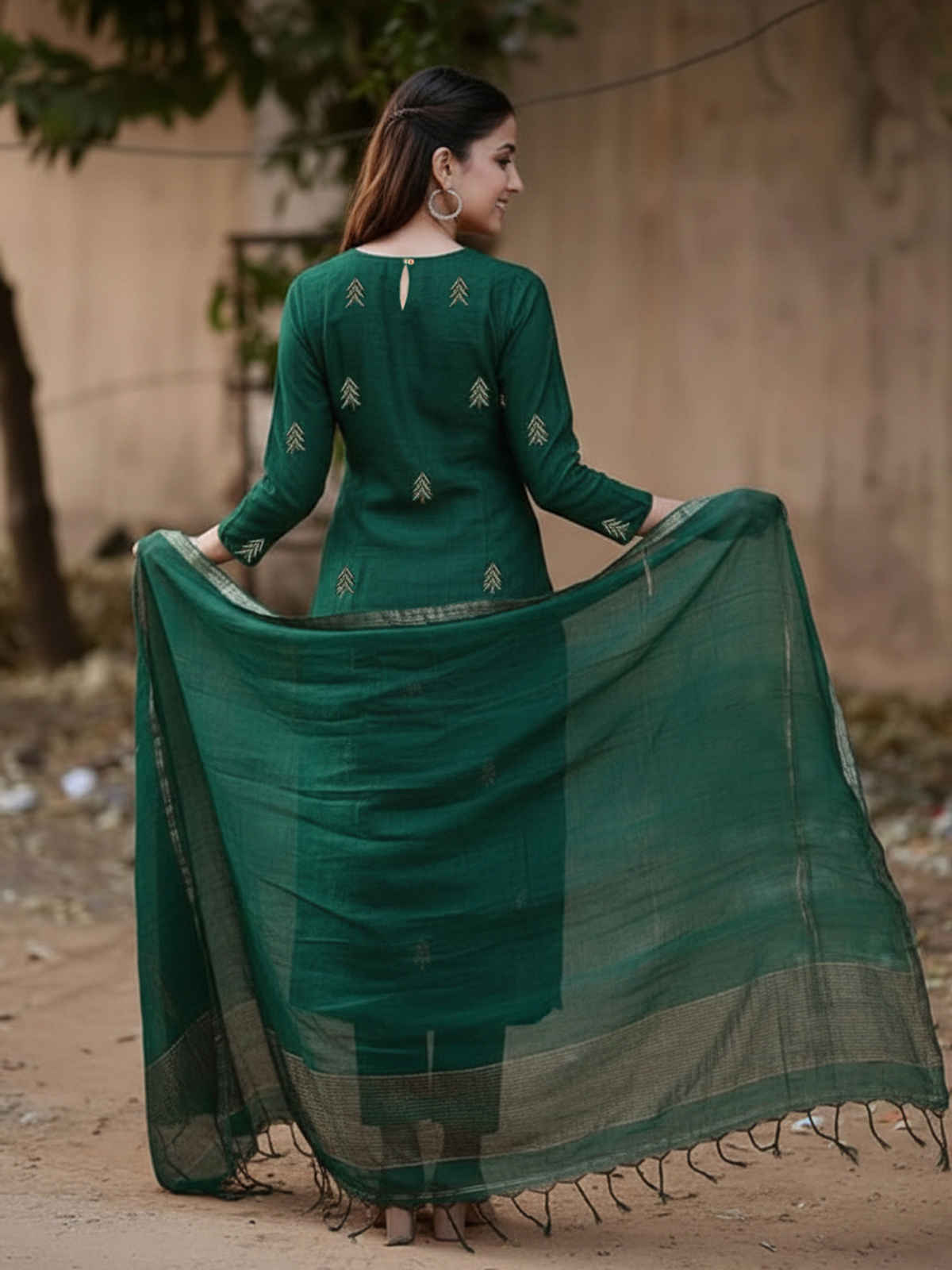 GoSriKi Women's Rayon Blend Printed Straight Kurta Set With Dupatta | GREEN | M