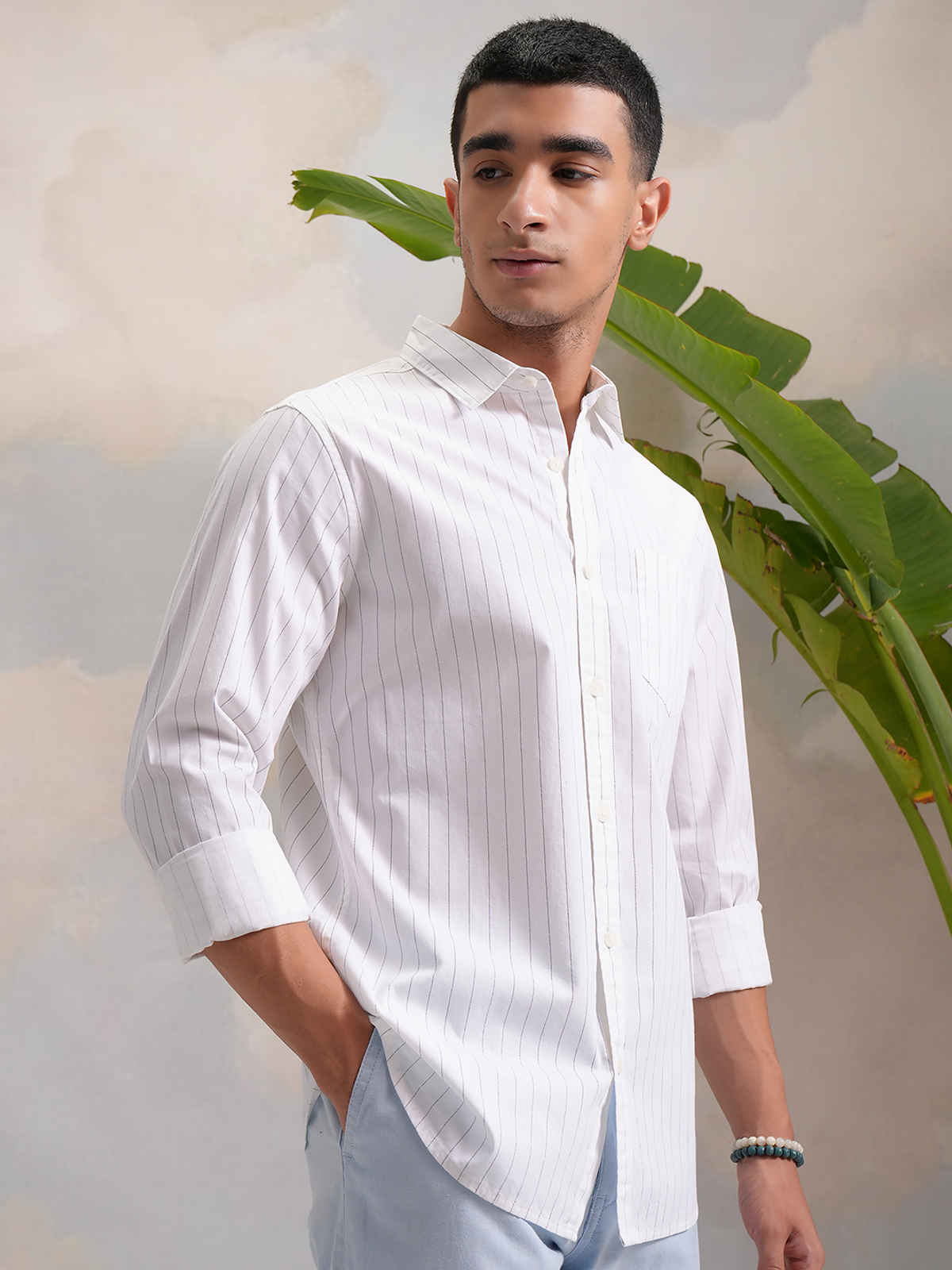 HIGHLANDER Classic Slim Fit Vertical Striped Spread Collar Cotton Casual Shirt | White & Black | L