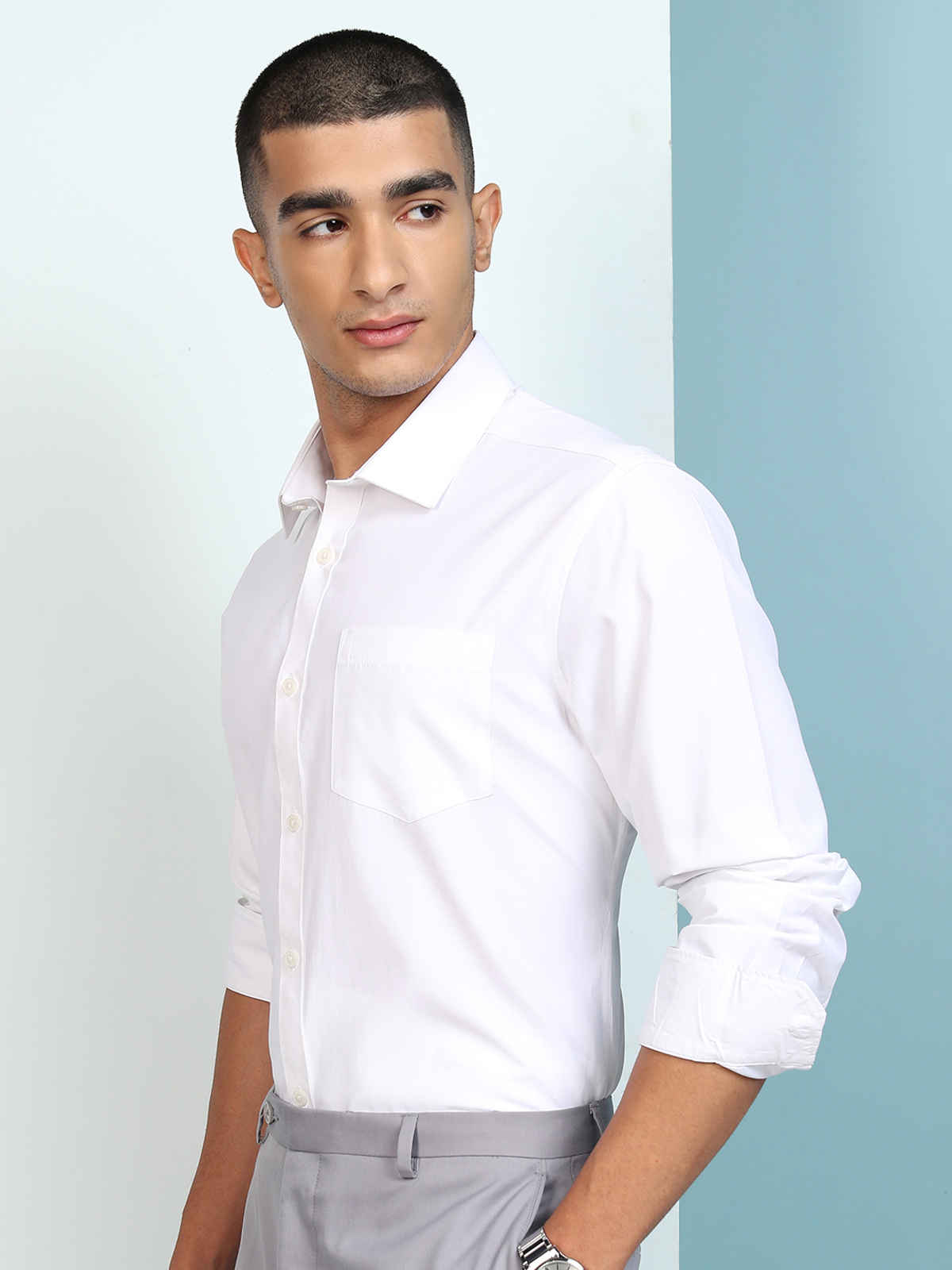 Highlander Men's Regular Fit Button Down Collar Full Sleeve Satin Shirt | White | L