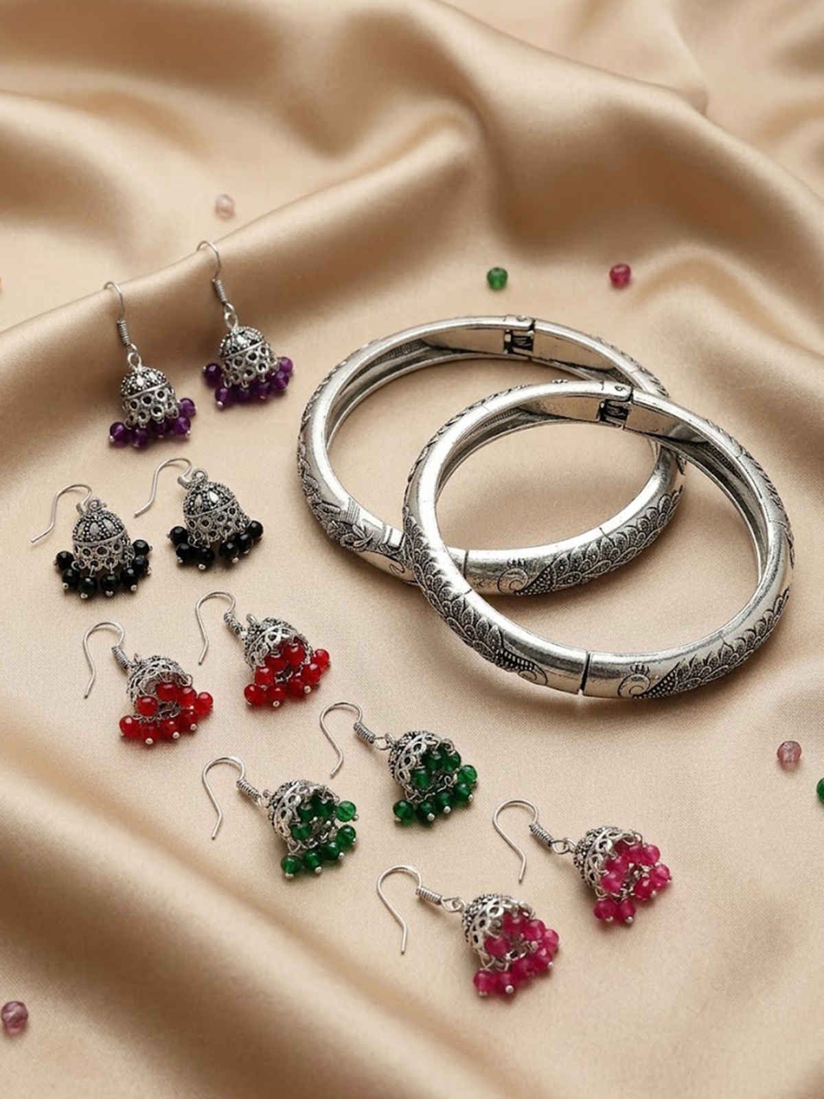 NVR Women Set of 5 Oxidized Silver-Plated Jhumka Earrings & Pair of Peacock Design Oxidised Kada Bangles