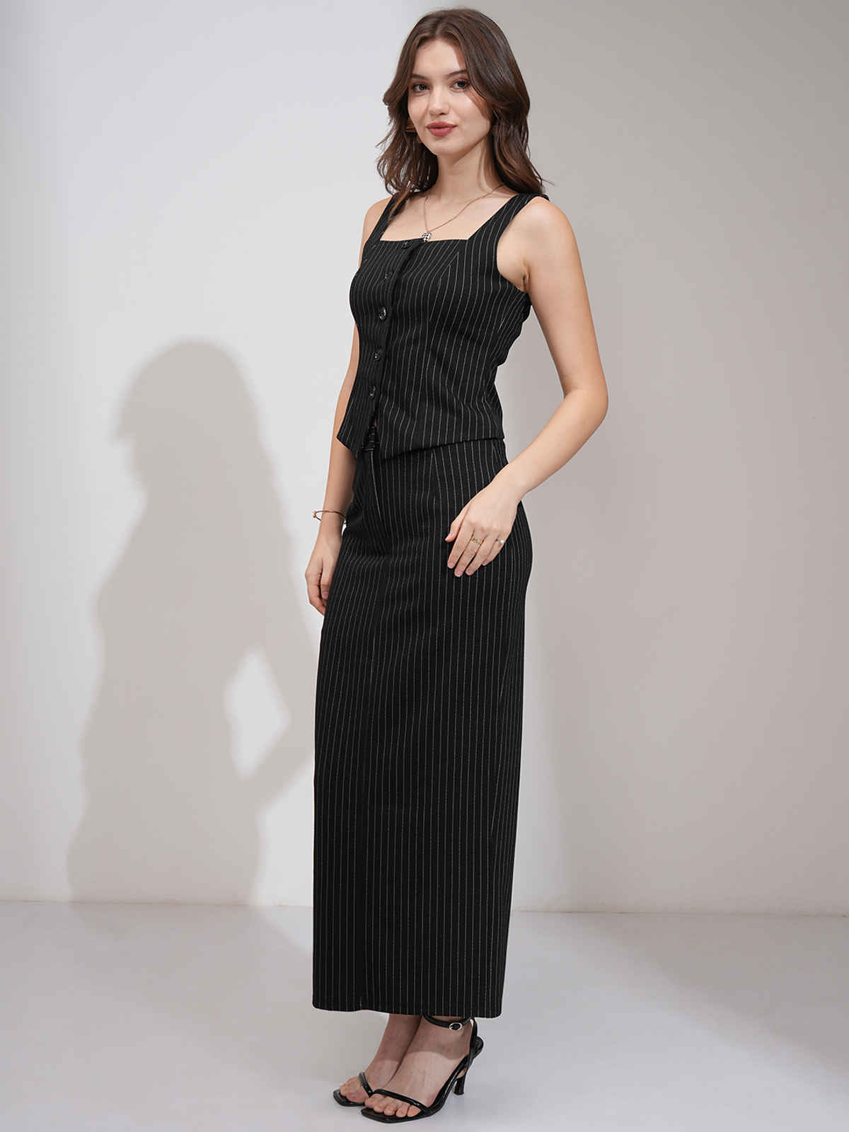 Tokyo Talkies Women's Pinstriped Vest & Midi Column Skirt Set | Black - S