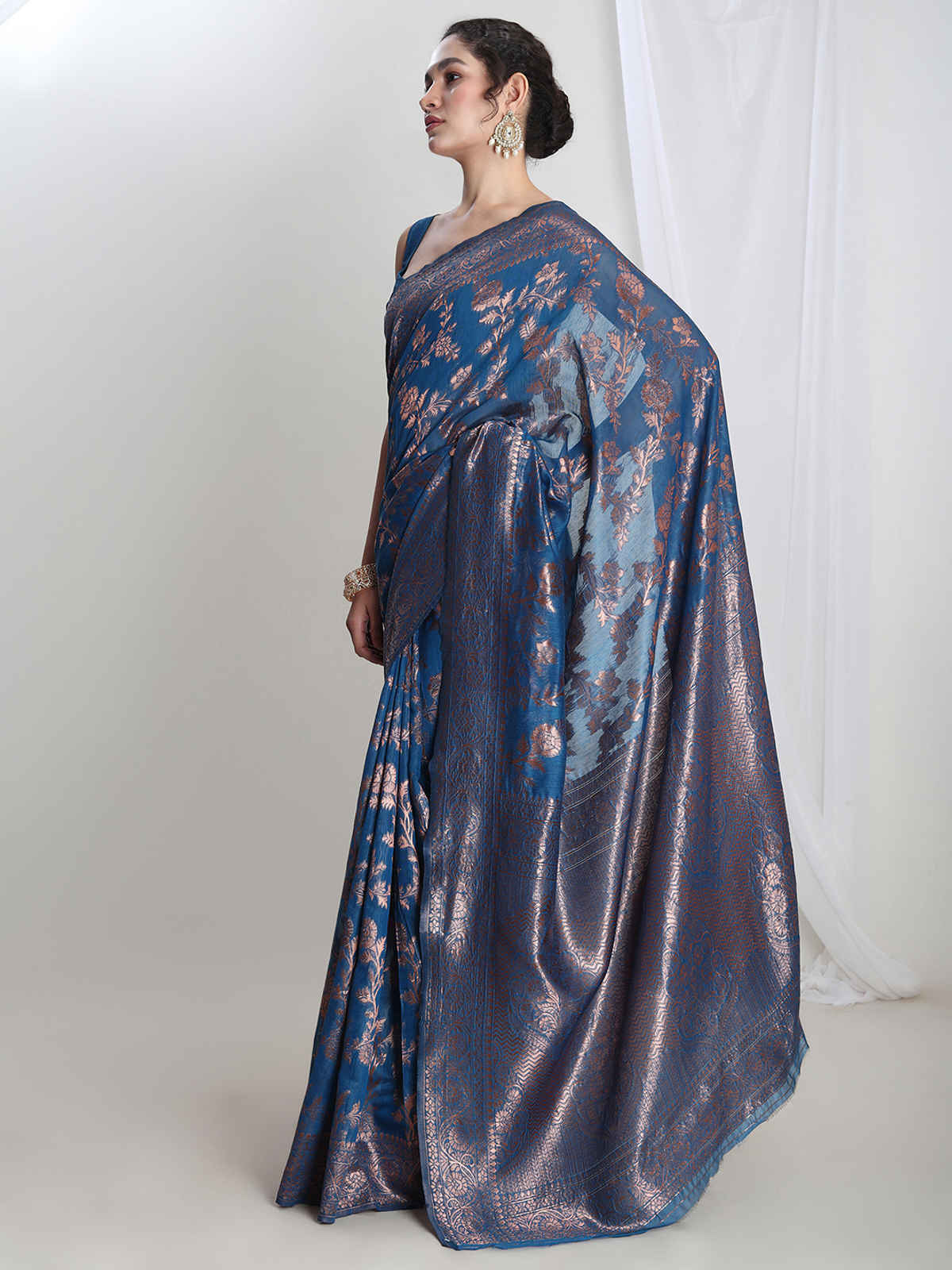 Janasya Women's Silk Blend Floral Woven Design Jacquard Saree with Blouse Piece | SAR612 | Blue