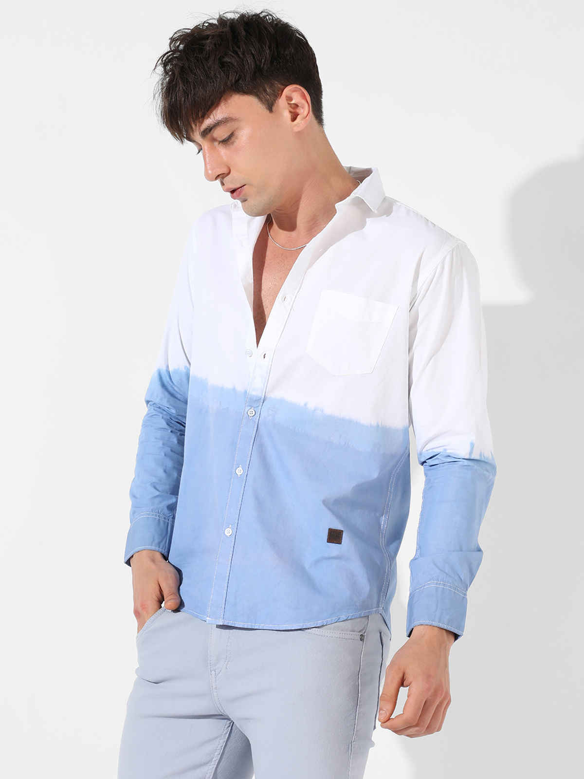 Campus Sutra Men's Contrast Ombre Shirt | White & Blue - S