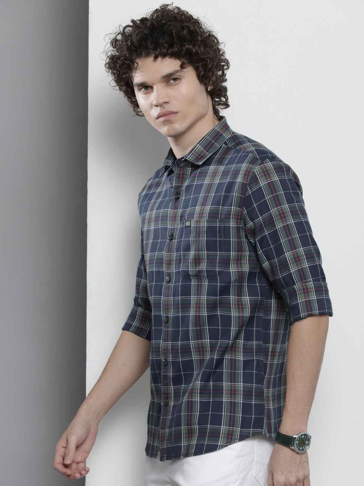 The Indian Garage Co Men's Regular Fit Checkered Casual Shirt | Navy - 2XL