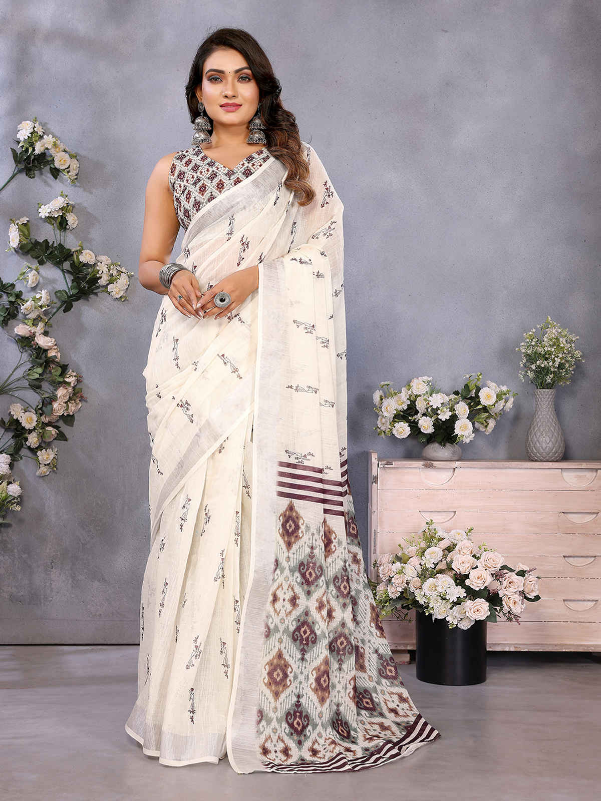 Hema Silk Mills Woman Digital Print Bollywood Linen Saree Ready to Wear saree with pocket | Cream