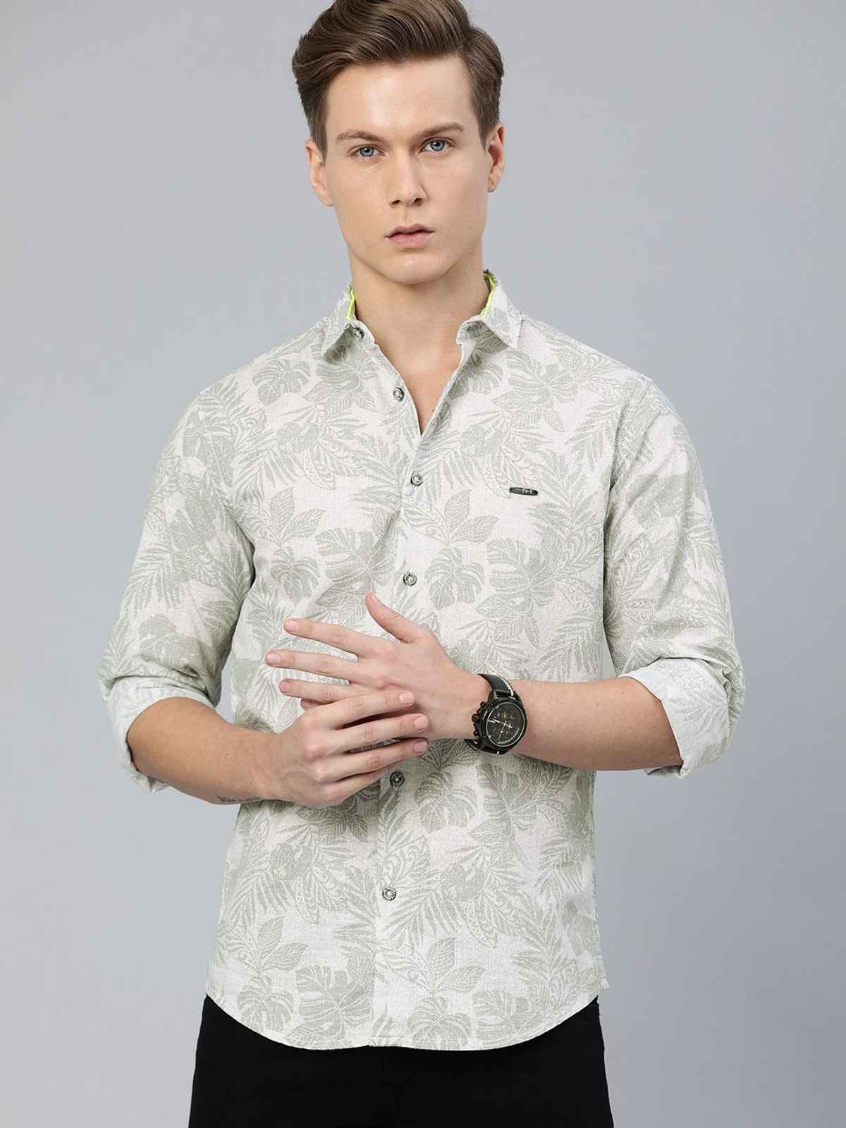 The Indian Garage Co Men's Slim Fit Tropical Casual Shirt | Grey - L