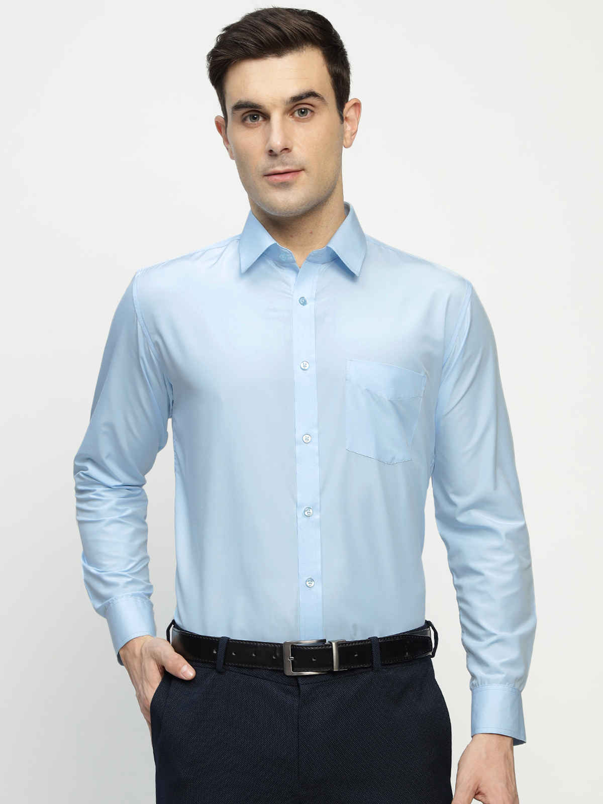 English Navy Men's Cotton Solid Slim Fit Spread Collar Button Closure Formal Shirt | Sky Blue | L