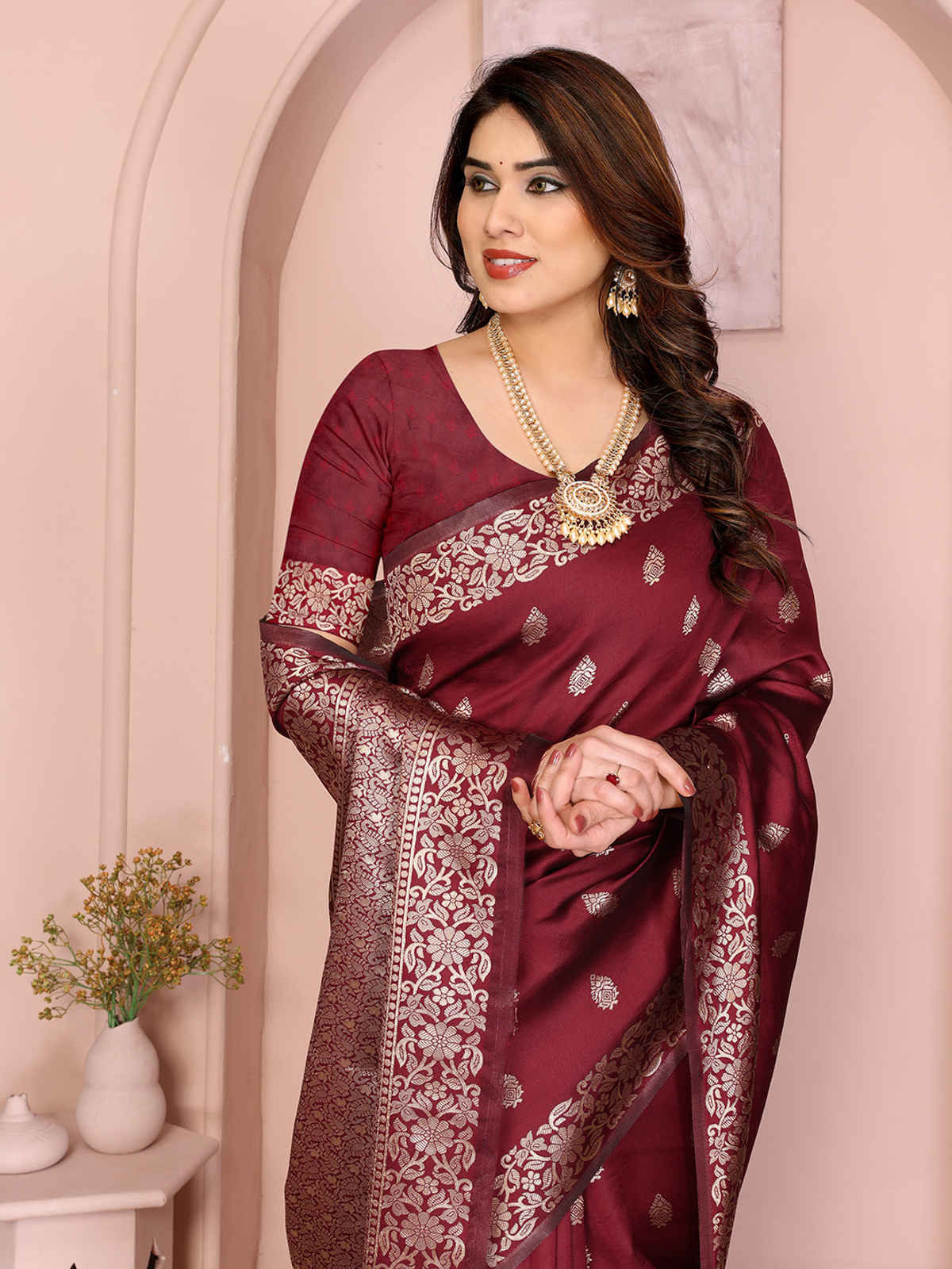 Hema Silk Mills Women Woven Banarasi Silk Blend Saree | Maroon