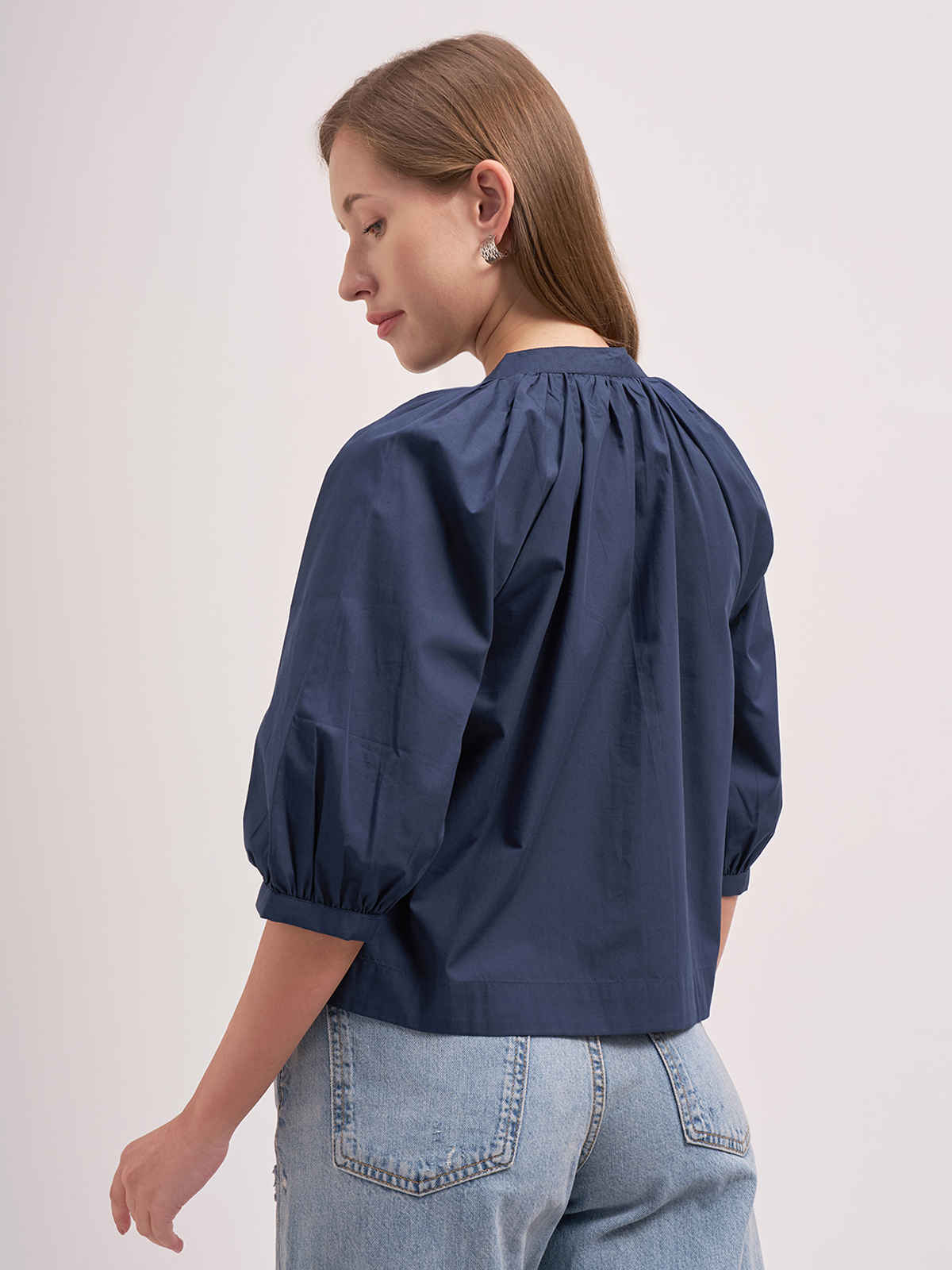 Tokyo Talkies Women Manderin Collar 3/4Th Sleeve V Neck Front Placket Blouse | NAVY | S