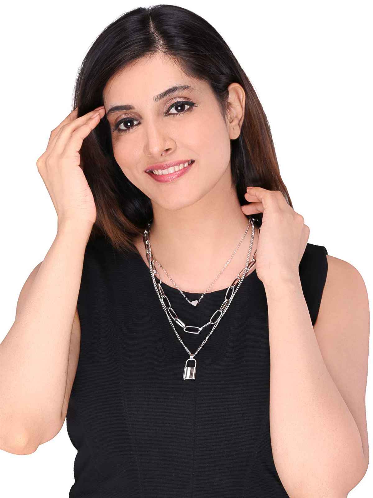 Yellow Chimes Silver-Plated Multi Layered Key Chain Heart Charm Necklace