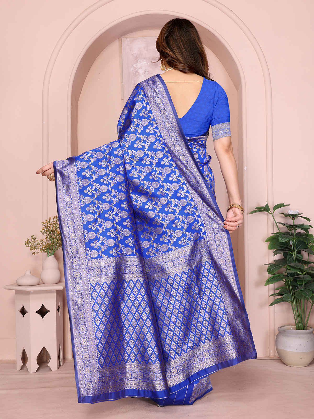 Hema Silk Mills Women Woven Banarasi Silk Blend Saree | Royal Blue