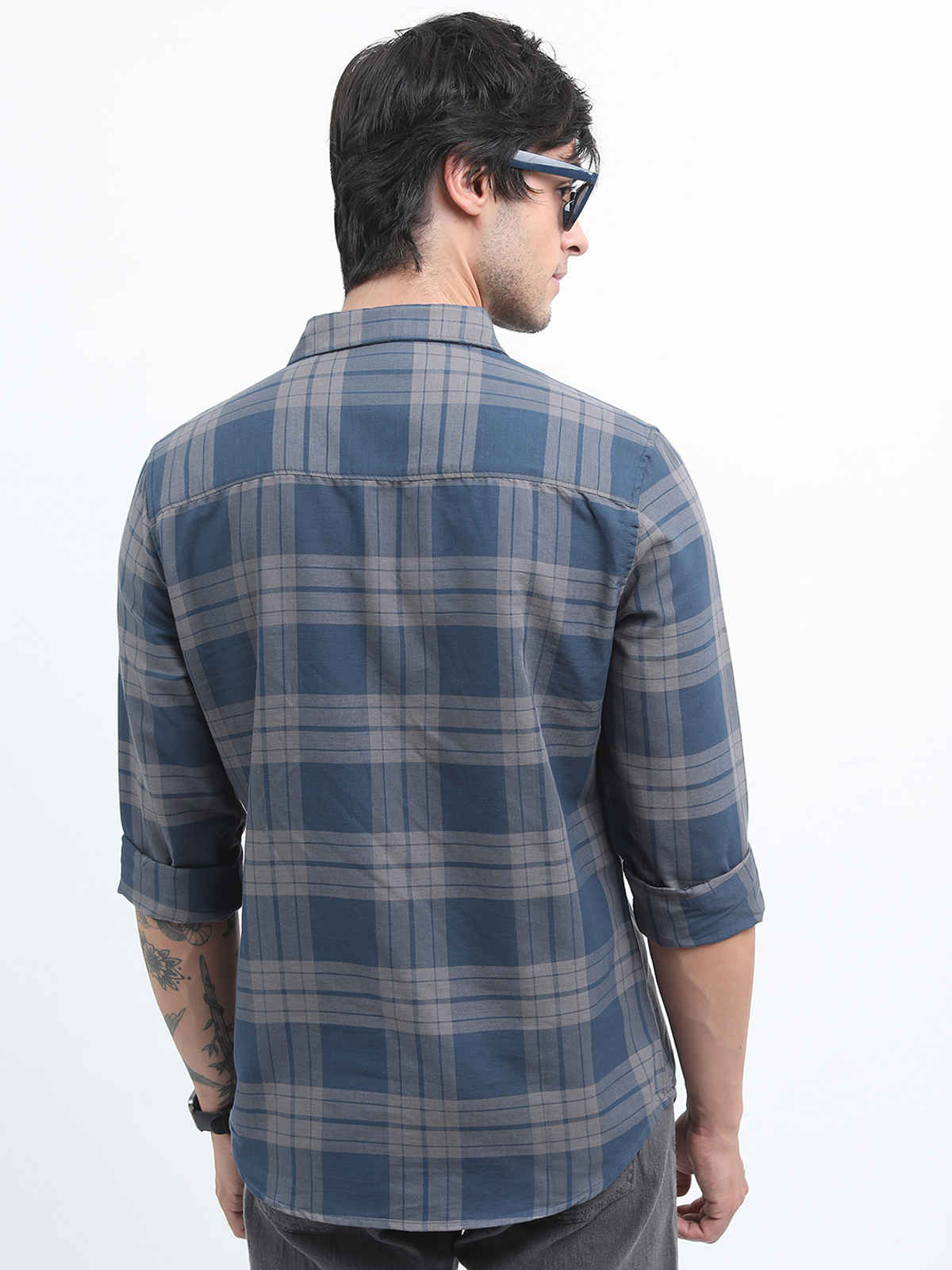 HIGHLANDER Men's Checked Casual Slim Fit Shirt | Blue - L