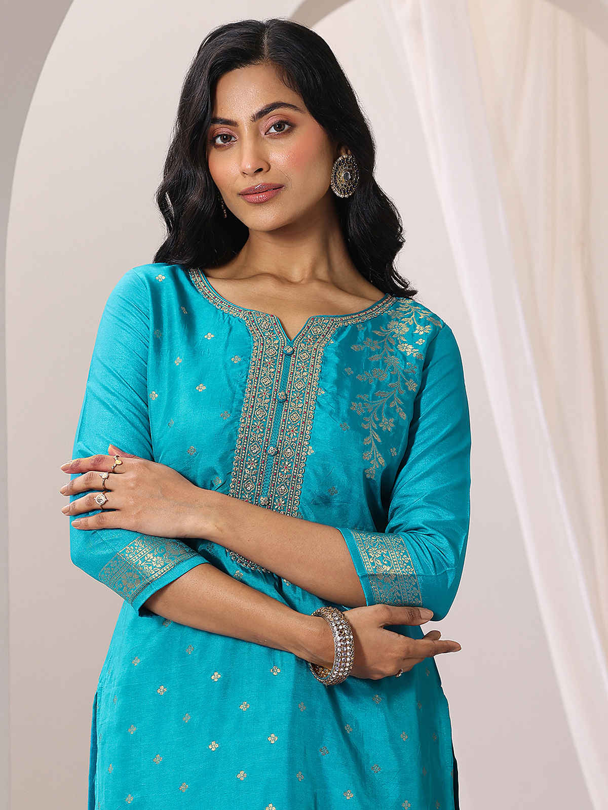 Libas Rama Woven Design Silk Blend Straight Suit Set With Dupatta | 99077OR | Blue - L