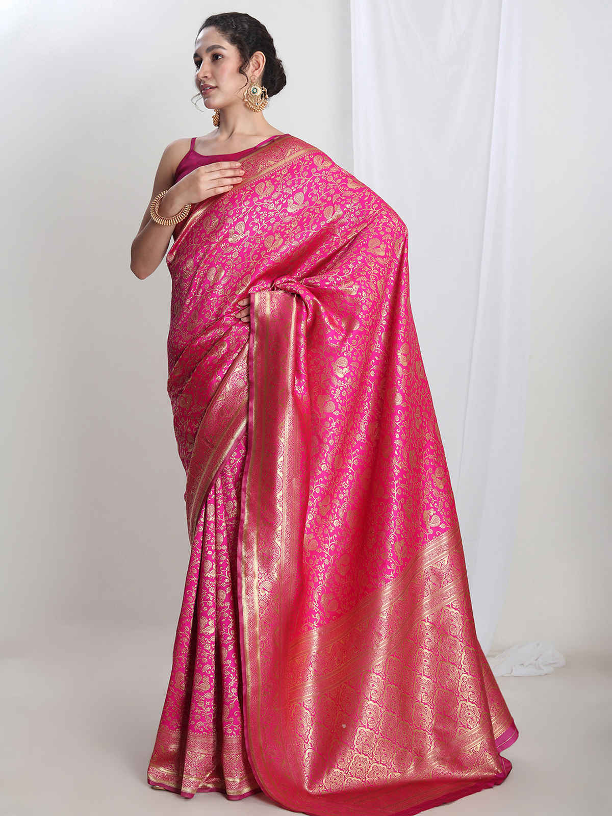 Janasya Women's Silk Blend Floral Woven Design Jacquard Saree with Blouse Piece | SAR654 | Pink