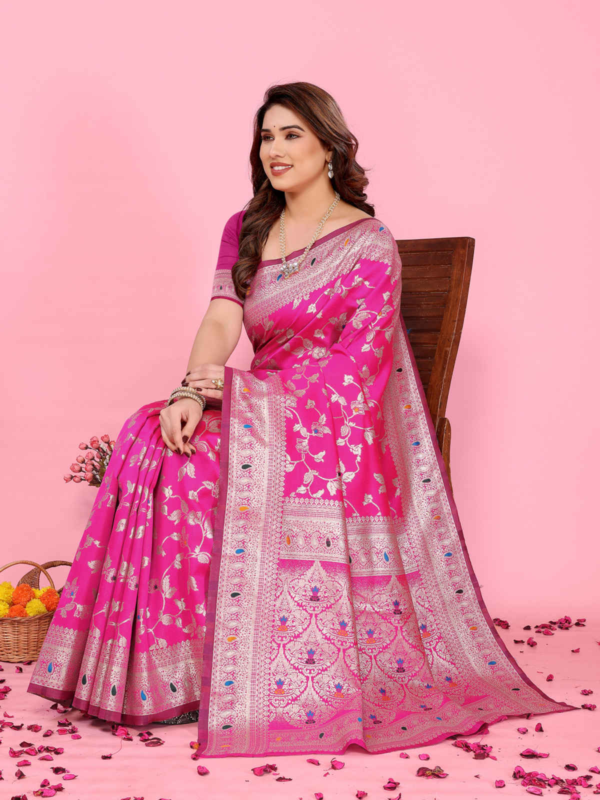 Hema Silk Mills Women Woven Banarasi Meena Jacquard, Silk Blend Saree | Pink
