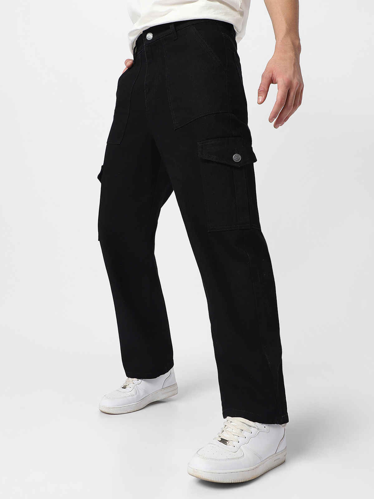 Urbano Fashion Men's Cargo Jeans Loose Baggy Fit 6 Pockets Non-Stretchable | Black | 36