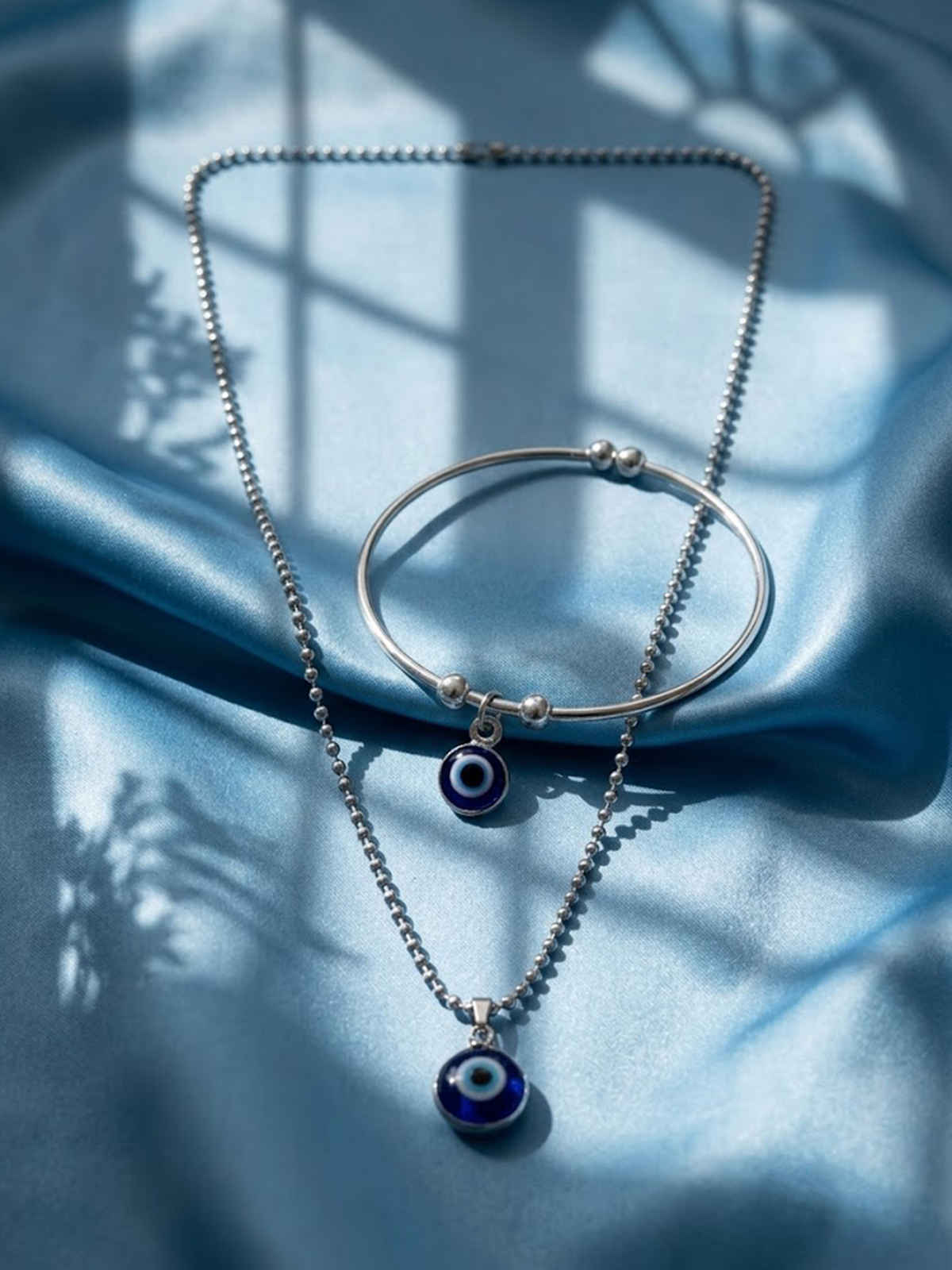 NVR Unisex Silver Evil Eye Pendant with Chain & Adjustable Evil Eye Bracelet Gift Combo