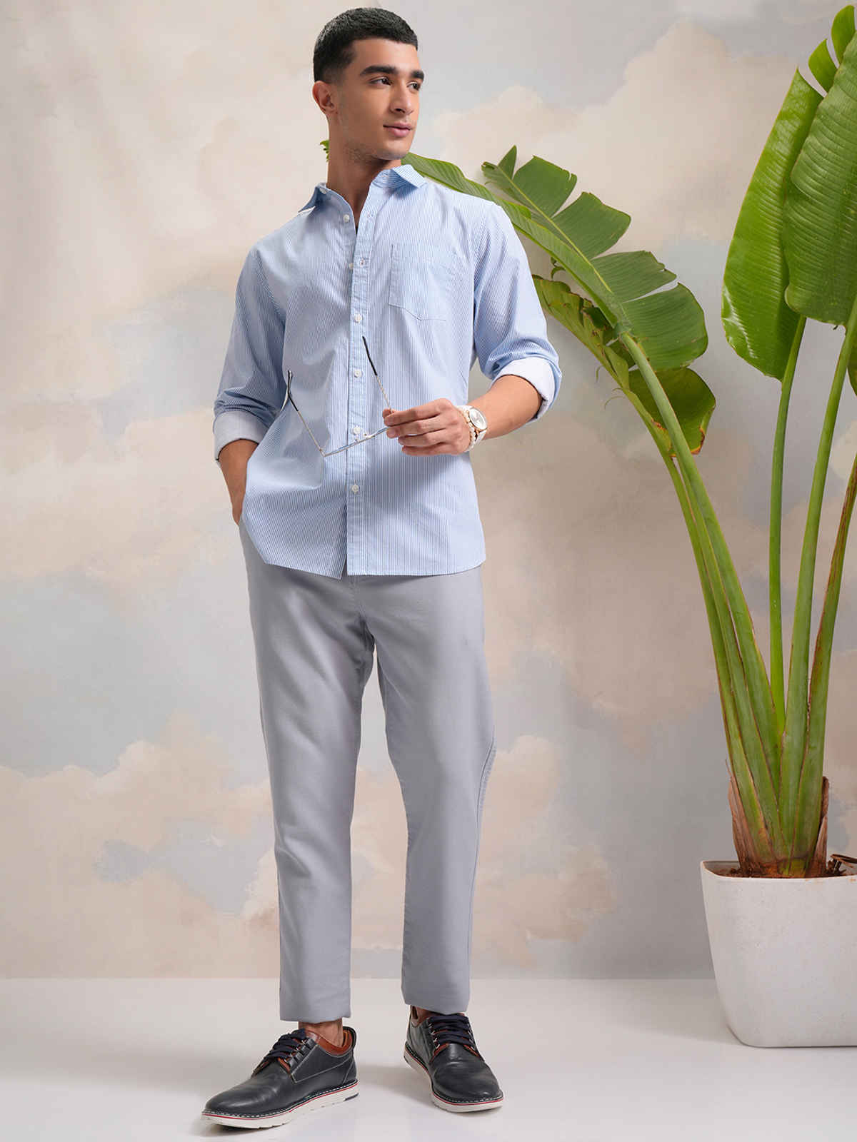 HIGHLANDER Classic Slim Fit Vertical Striped Spread Collar Cotton Casual Shirt | White & Blue | M