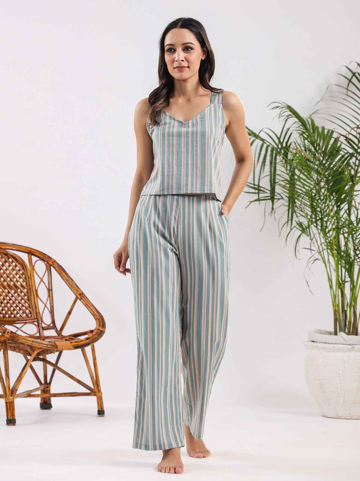 Sanskrutihomes Striped Pure Cotton Sleeveless Night Suit | Mint - Cream | M