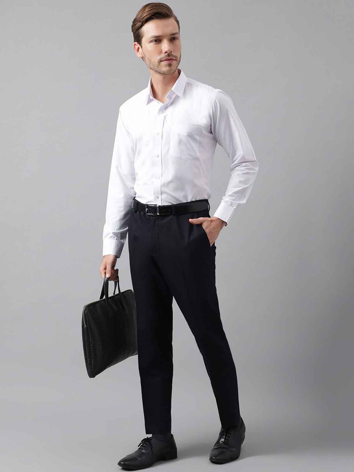 English Navy Men's Polycotton Solid Slim Fit Spread Collar Formal Shirt | White - S