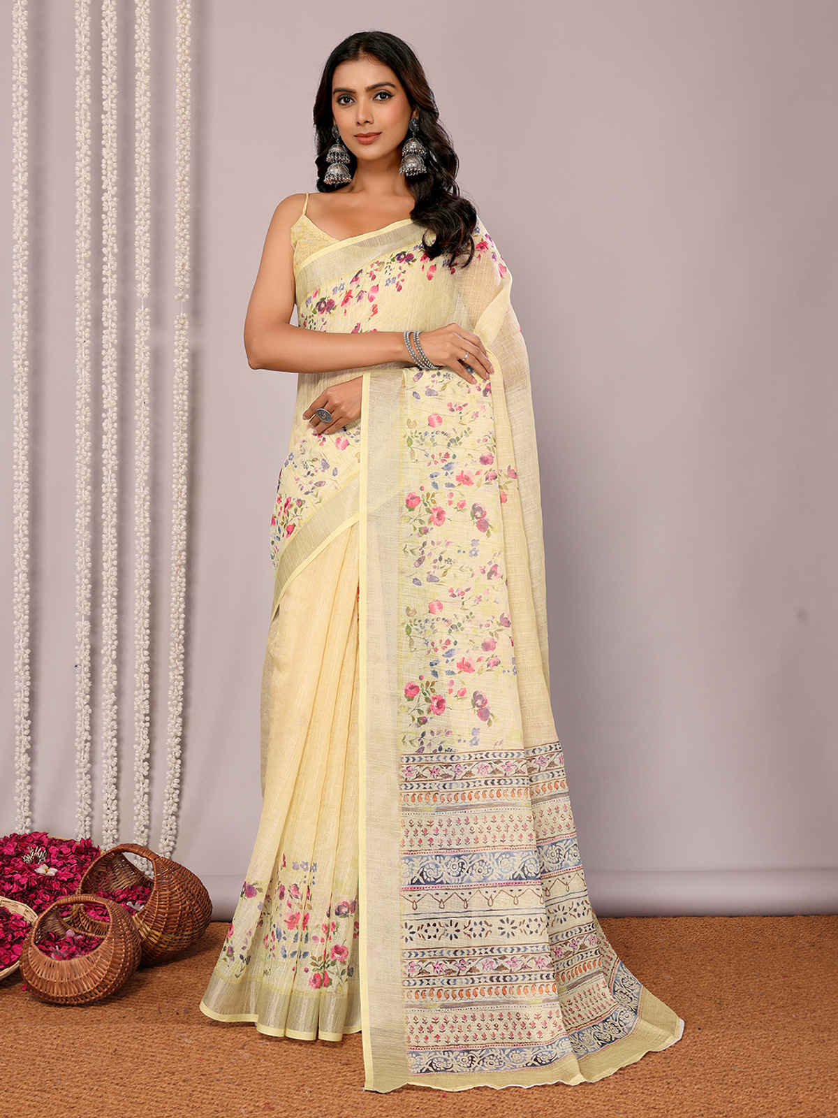 Janasya Women's Cotton Linen Floral Printed Saree with Blouse Piece | SAR449 | Light Yellow