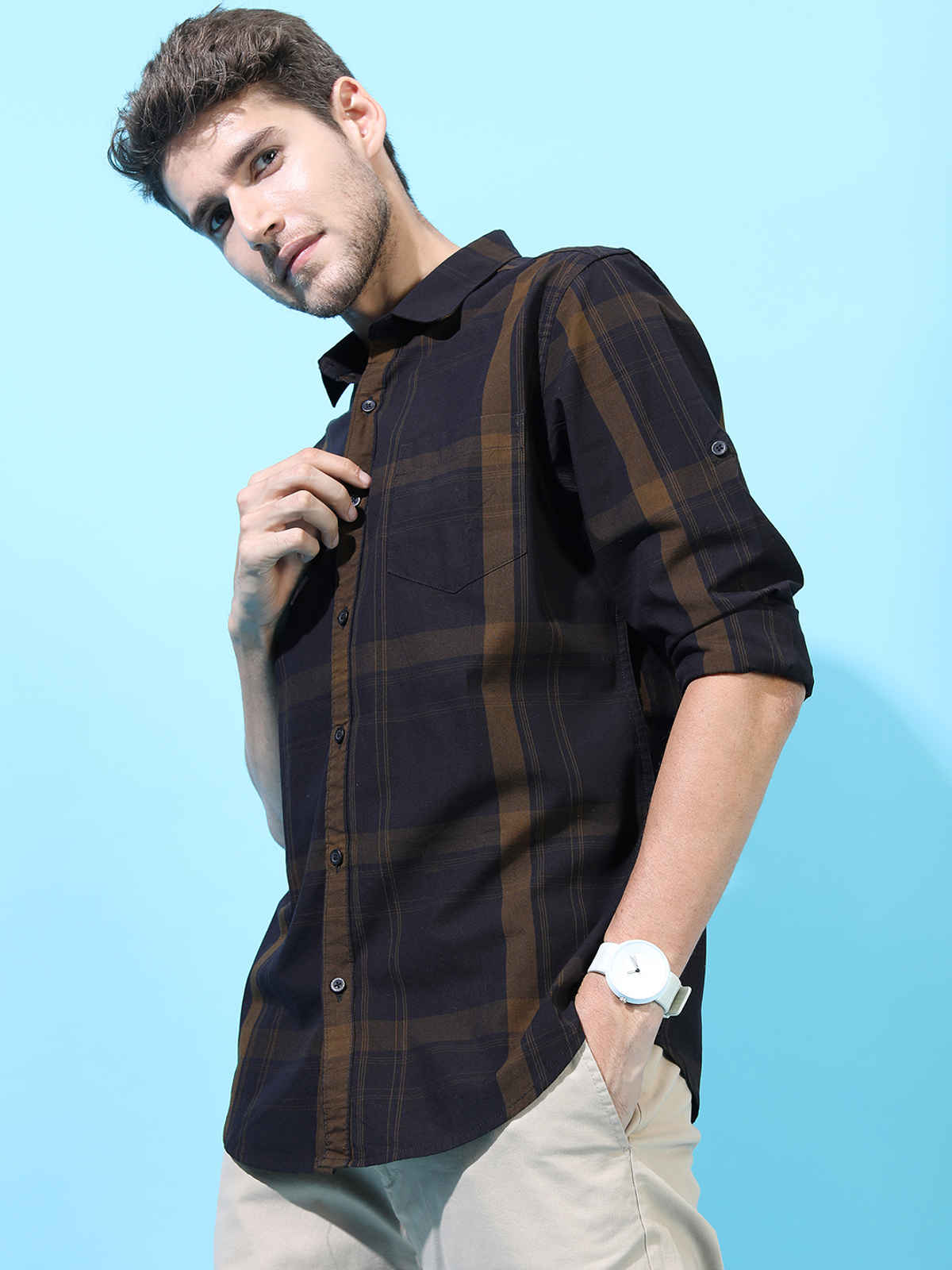 Highlander Men's Slim Fit Checked Casual Shirt | Black & Olive Green - S
