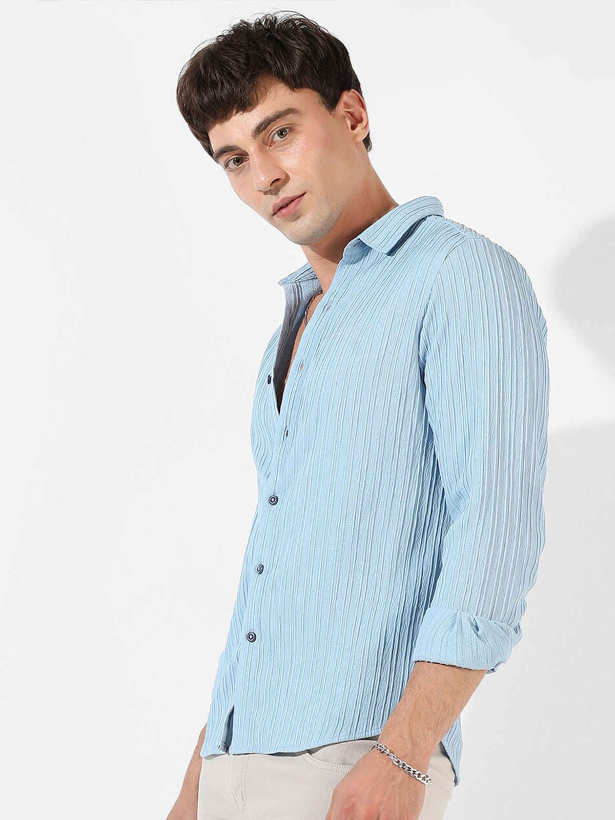 Campus Sutra Men's Polyester Blend Self-Design Striped Shirt | Blue | S