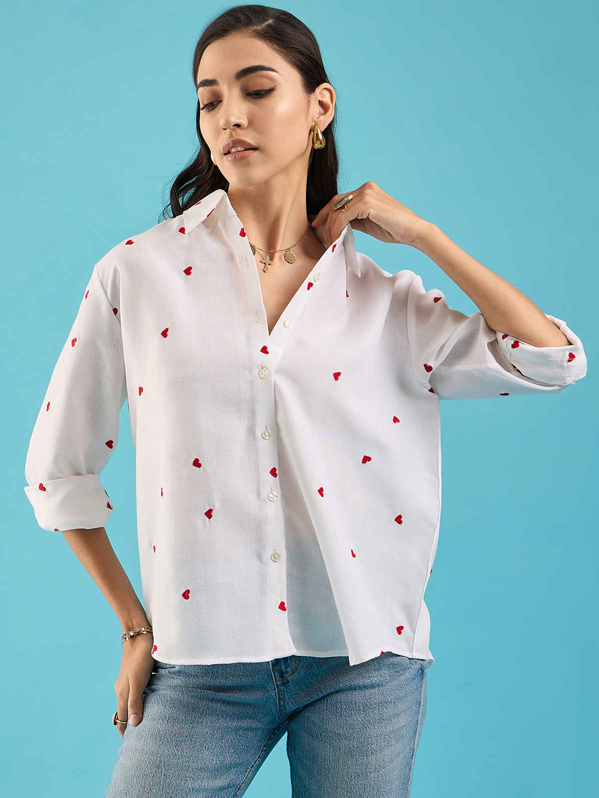 Uptownie Women's Embroidered Cotton Shirt with Hearts | 120018879 | White | S