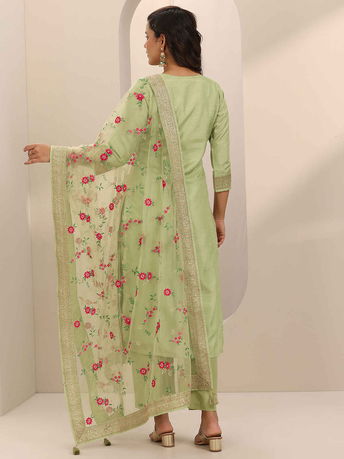 Libas Woven Design Silk Blend Straight Suit Set With Dupatta | 99477H | Green - XL