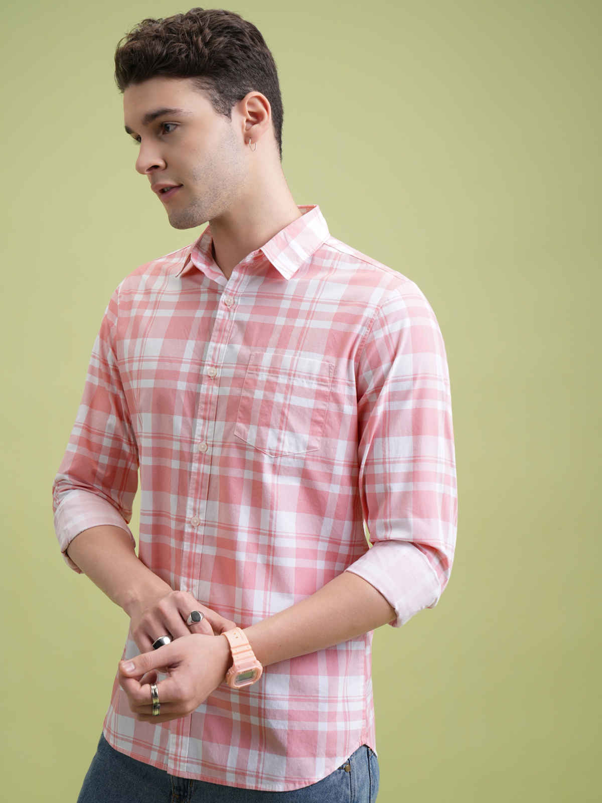 Highlander Men Lt Pink & White Checked Slim Fit Shirt |Light Pink/White - L