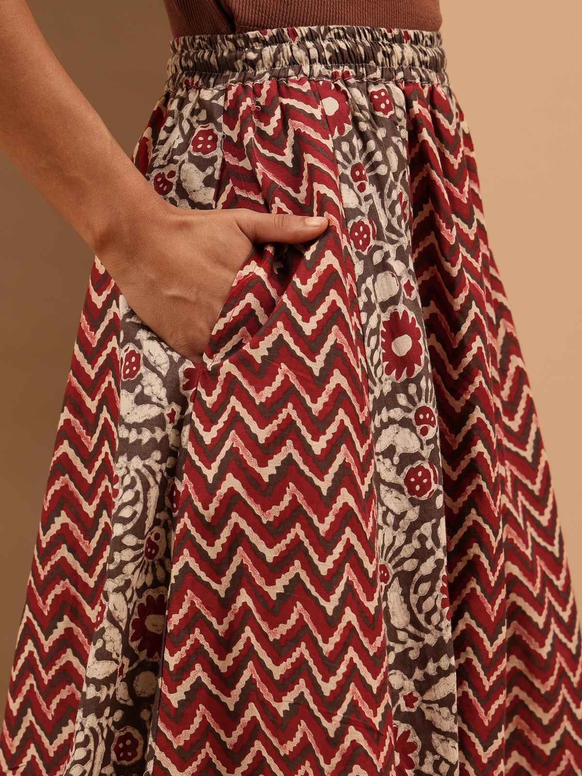 Janasya Women's Cotton Flared Skirt | JAB25SK03248 | Maroon - S