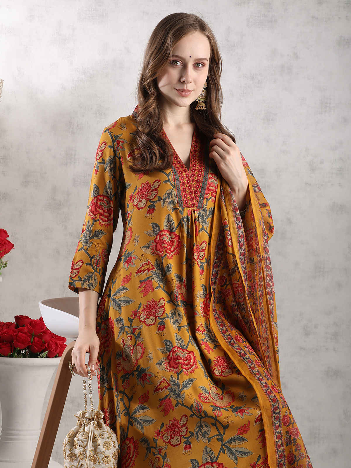 GoSriKi Women's Rayon Blend Anarkali Printed Kurta with Palazzo & Dupatta | CIA | Yellow - S