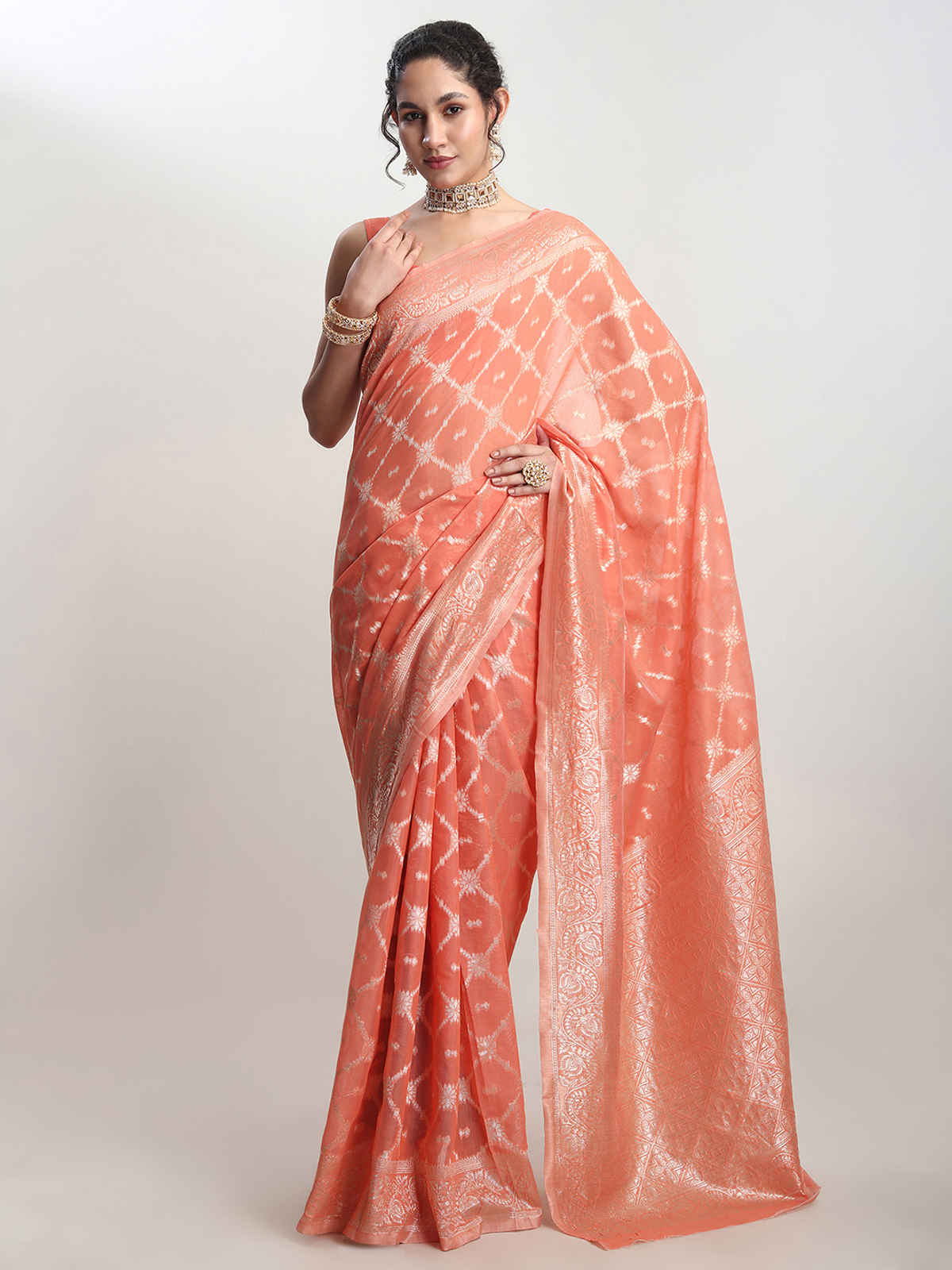 Janasya Women's Silk Blend Geometric Woven Design Jacquard Saree with Blouse Piece | SAR643 | Peach
