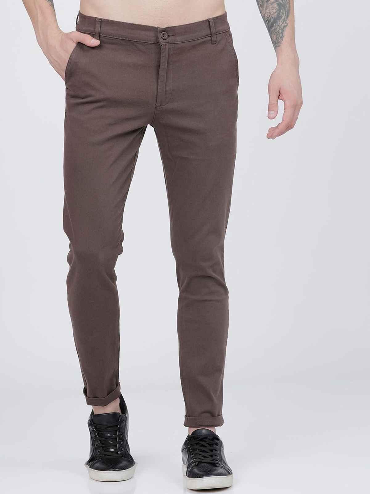 The Indian Garage Co Men's Slim Fit Solid Casual Chinos | Brown - 34