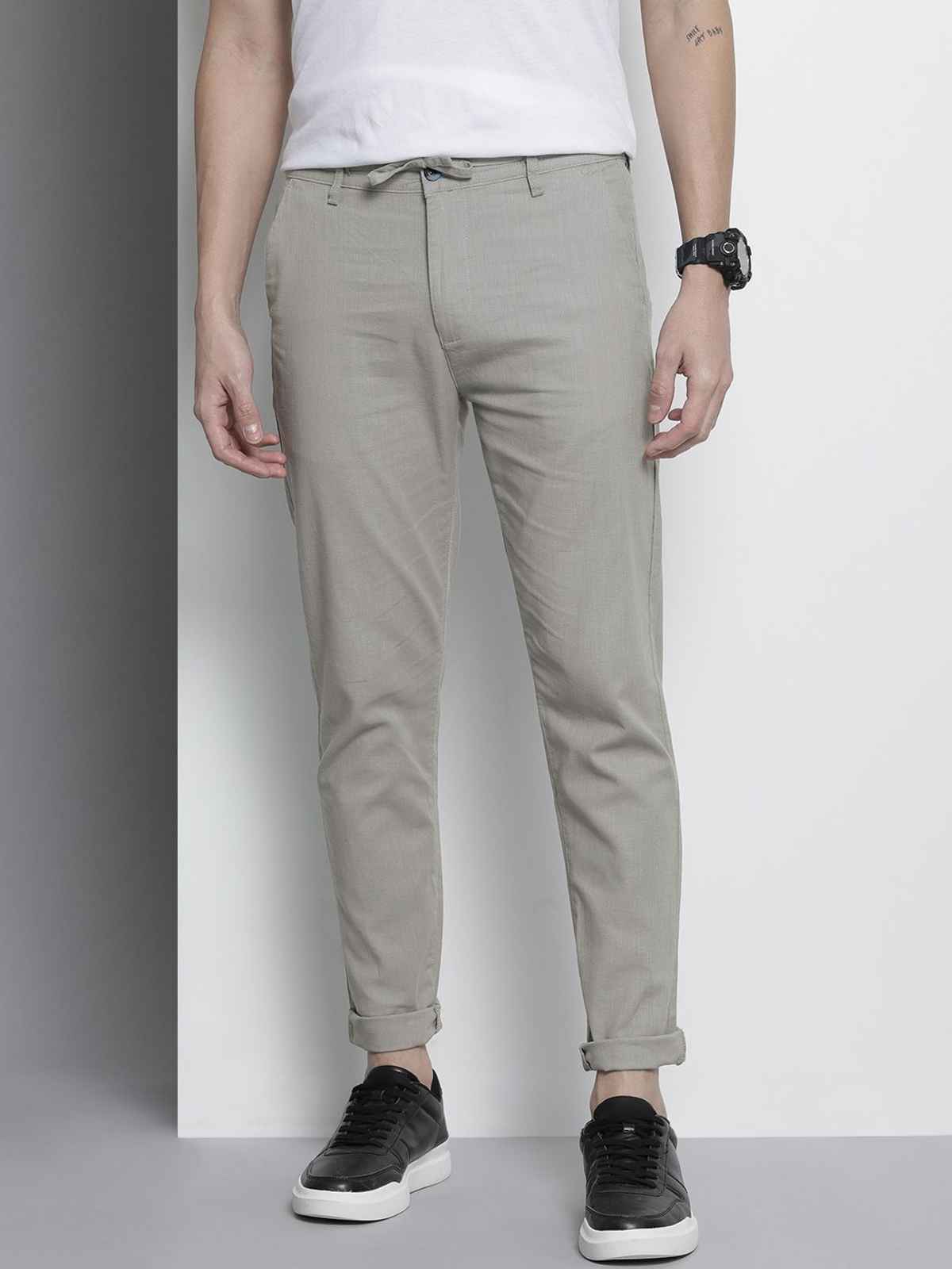 The Indian Garage Co Men's Slim Fit Solid Casual Trouser | Natural Grey - 32
