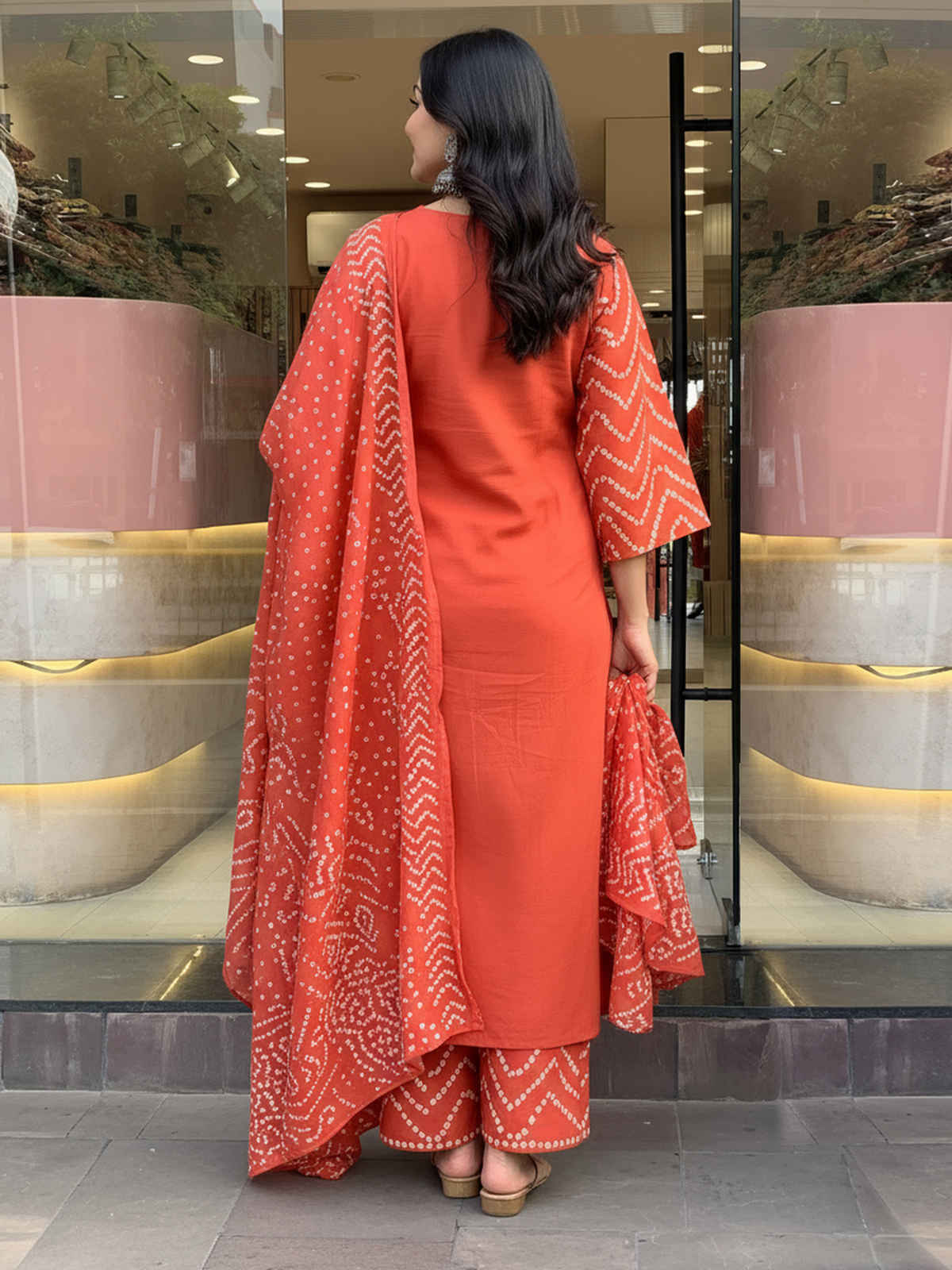 GoSriKi Women's Rayon Blend Printed Straight Kurta Set With Dupatta | ORANGE | L