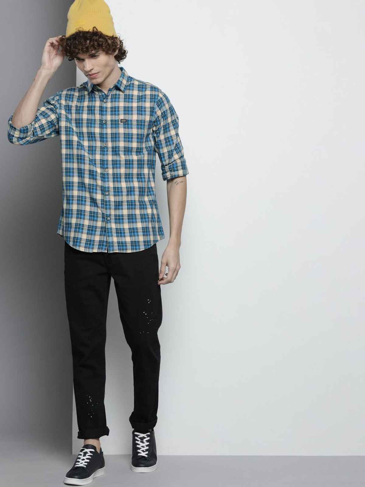 The Indian Garage Co Men's Slim Fit Checkered Casual Shirt | Blue - XL