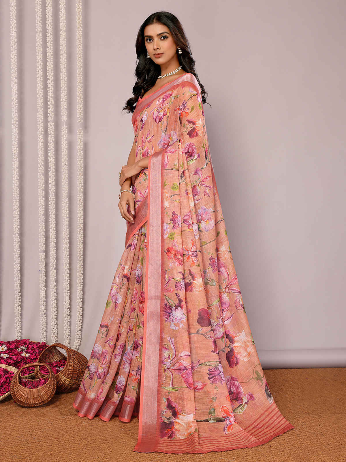 Janasya Women's Cotton Linen Floral Printed Saree with Blouse Piece | SAR452 | Peach