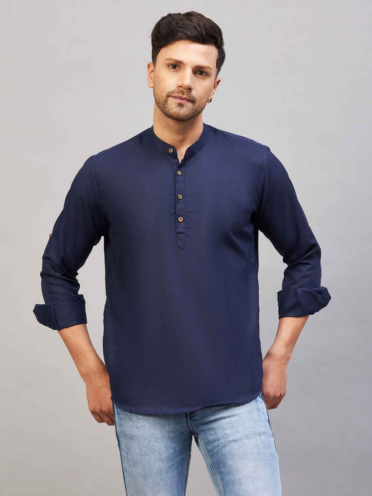 Vastramay Men's Cotton Blend Short Kurta | Blue - S