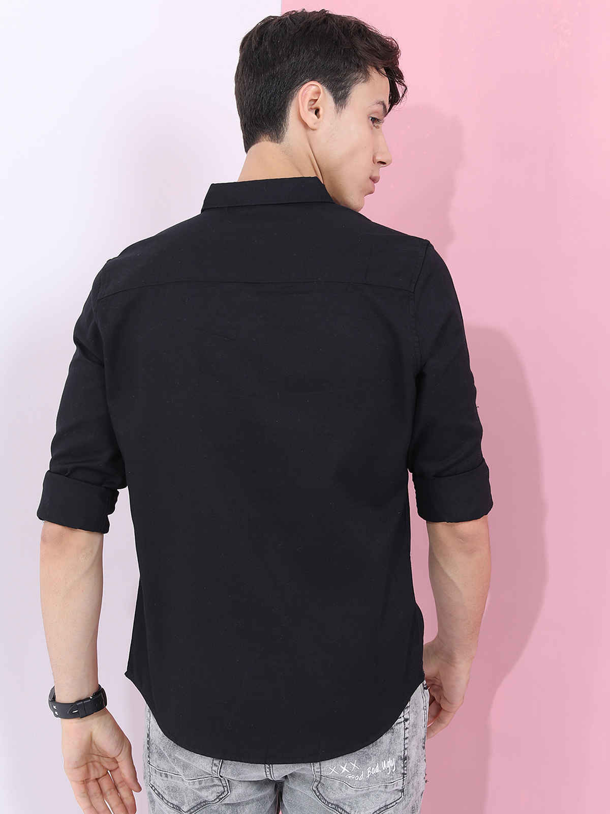 Highlander Men Black Long Roll-Up Sleeves Slim Fit Casual Shirt |Black - S