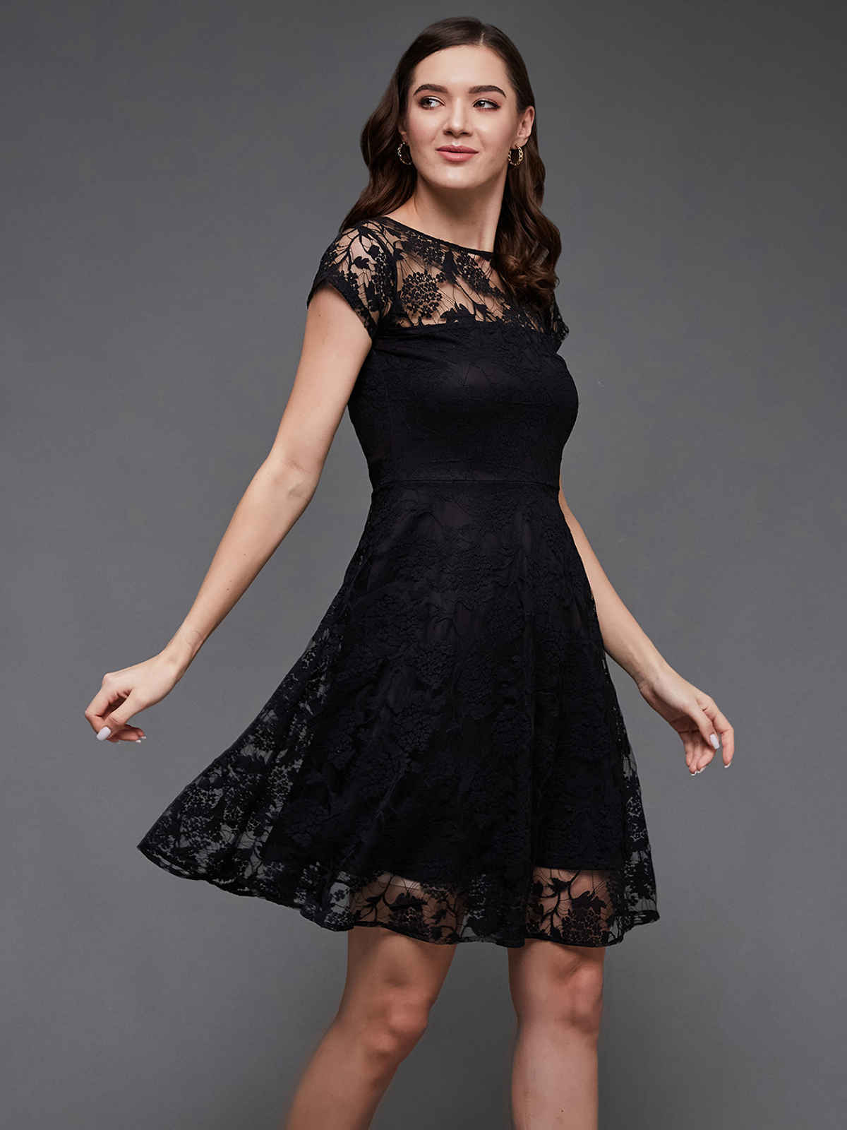 Miss Chase Women Round Neck Cap Sleeves Low Back Lace Skater Dress | Black | S