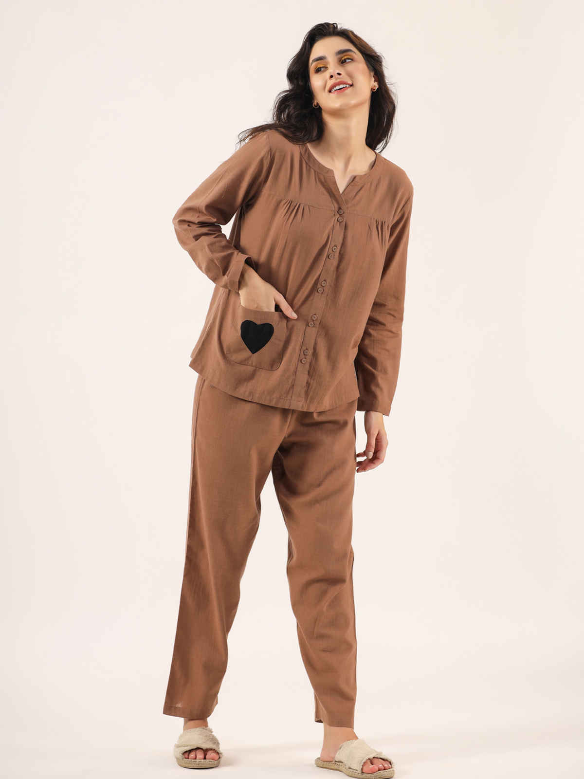 Sanskrutihomes Mandarin Collar Pure Cotton Night Suit | Brown - S