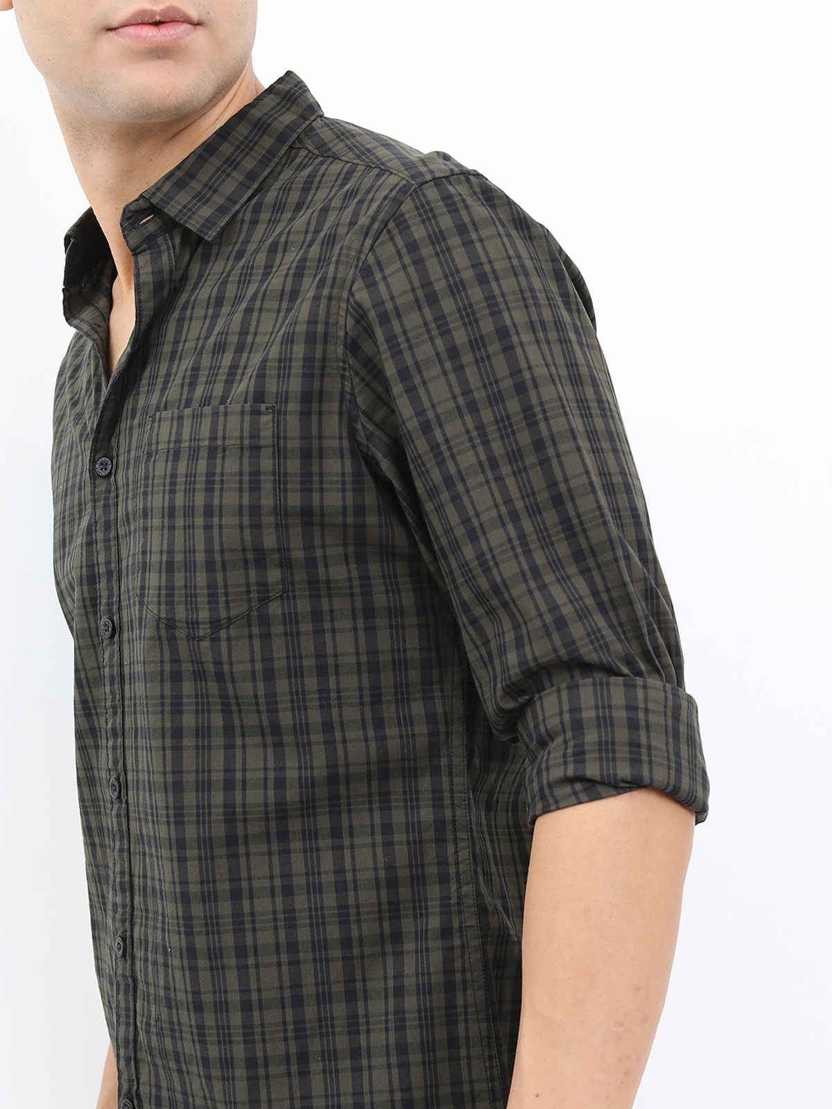 Highlander Men's Slim Fit Checked Casual Shirt - Olive and Black | S