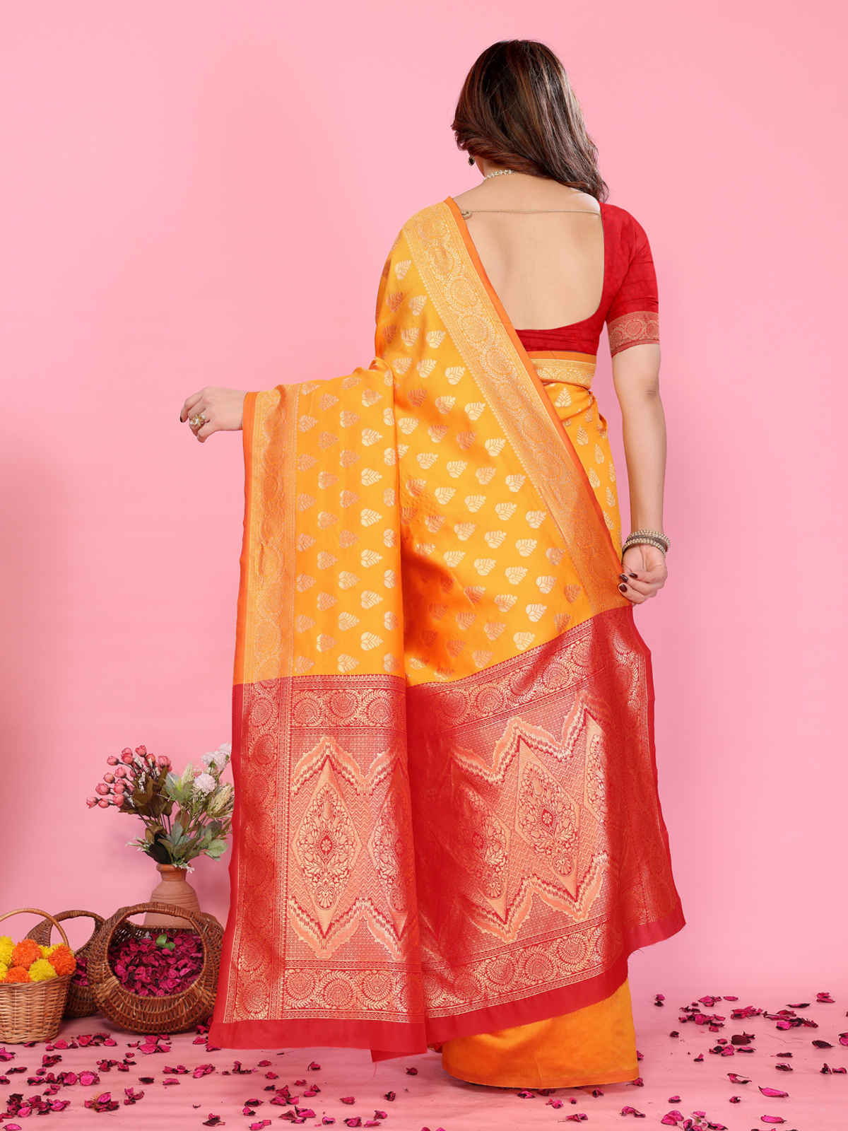 Hema Silk Mills Women Woven Banarasi Silk Blend Saree | Mustard