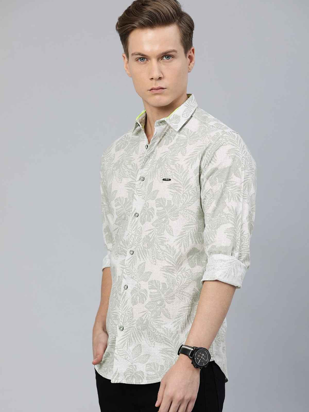 The Indian Garage Co Men's Slim Fit Tropical Casual Shirt | Grey - L