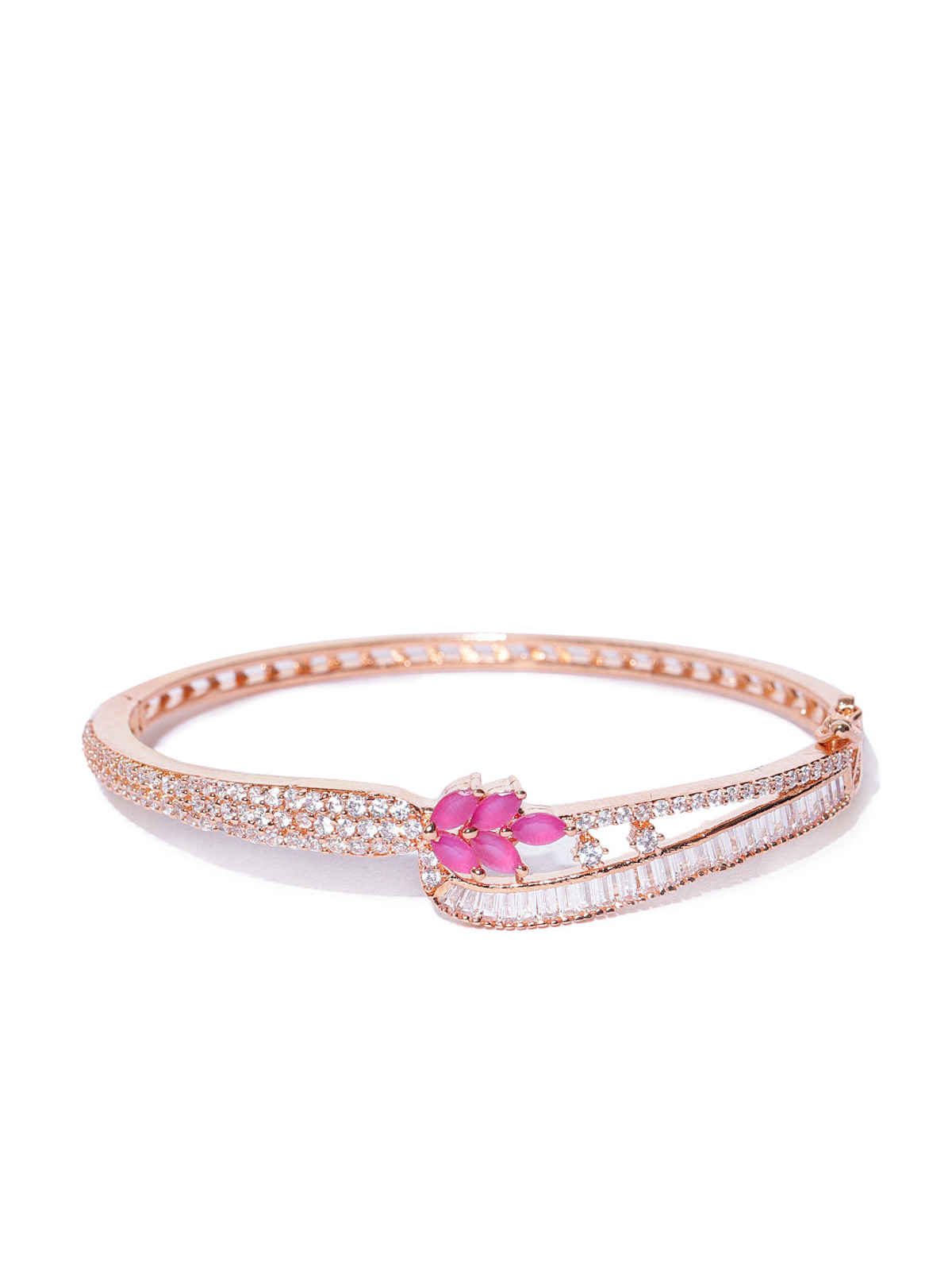 Priyaasi Rose Gold-Plated Ruby And American Diamond Studded Bracelet In Floral Pattern