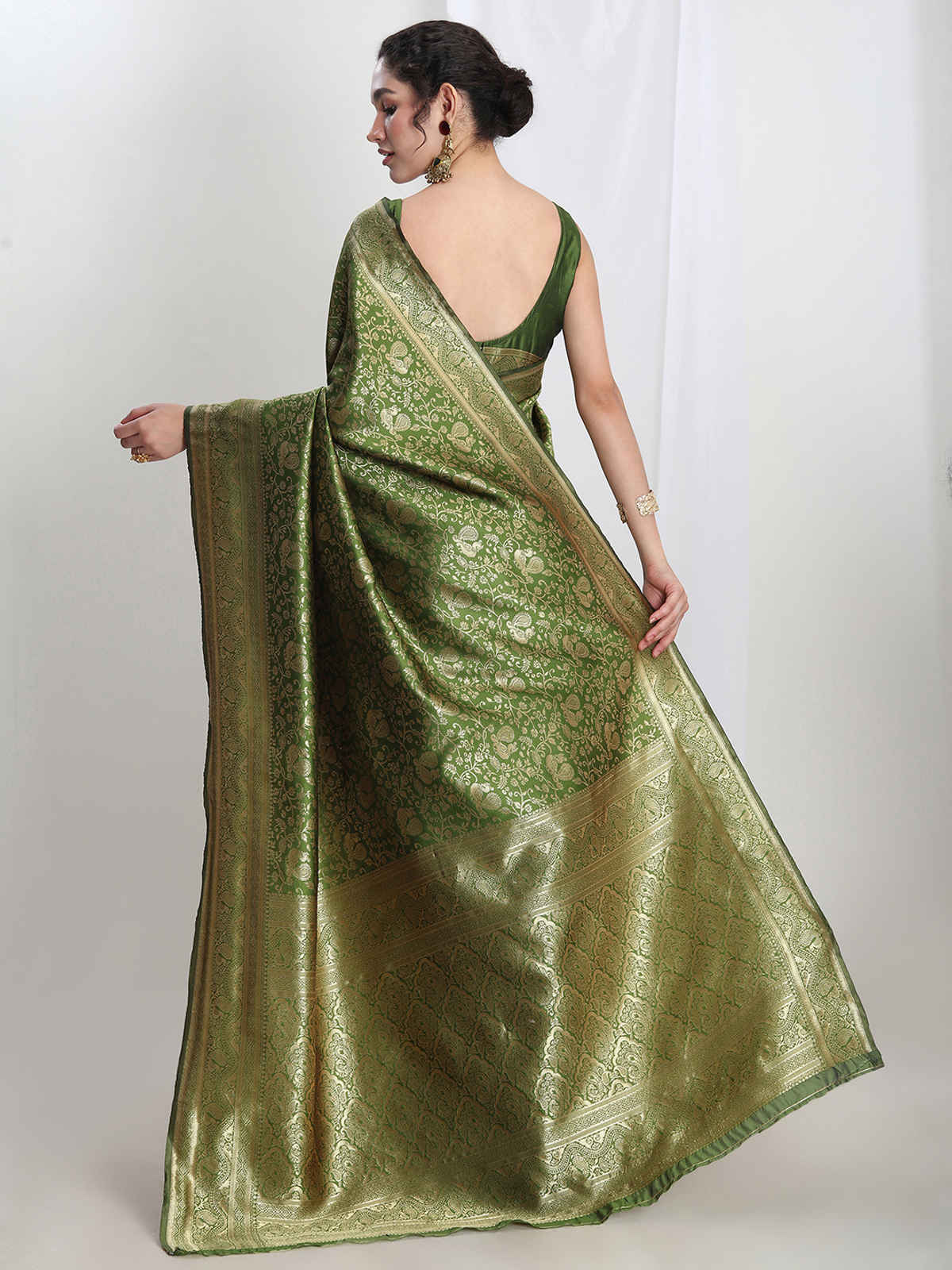 Janasya Women's Silk Blend Floral Woven Design Jacquard Saree with Blouse Piece | SAR656 | Green
