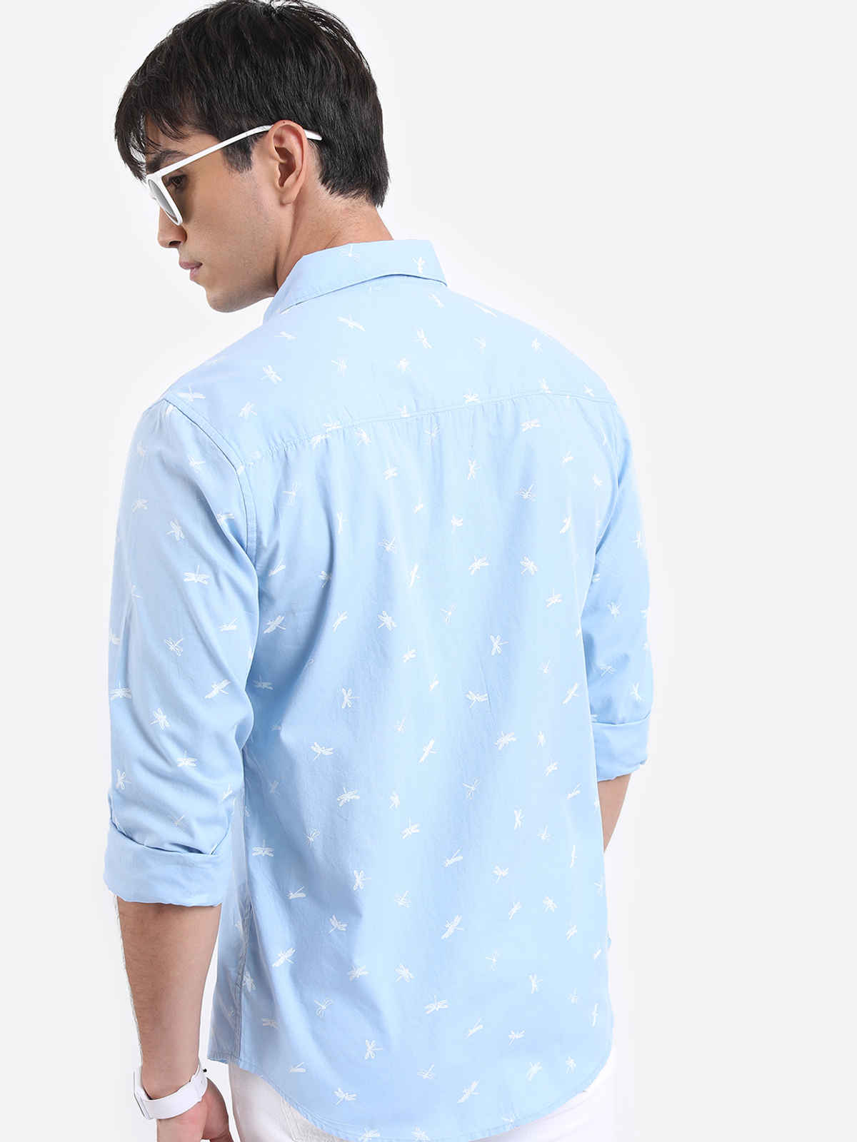 Highlander Men's Conversational Printed Slim Fit Spread Collar Casual Cotton Shirt | Light Blue - S