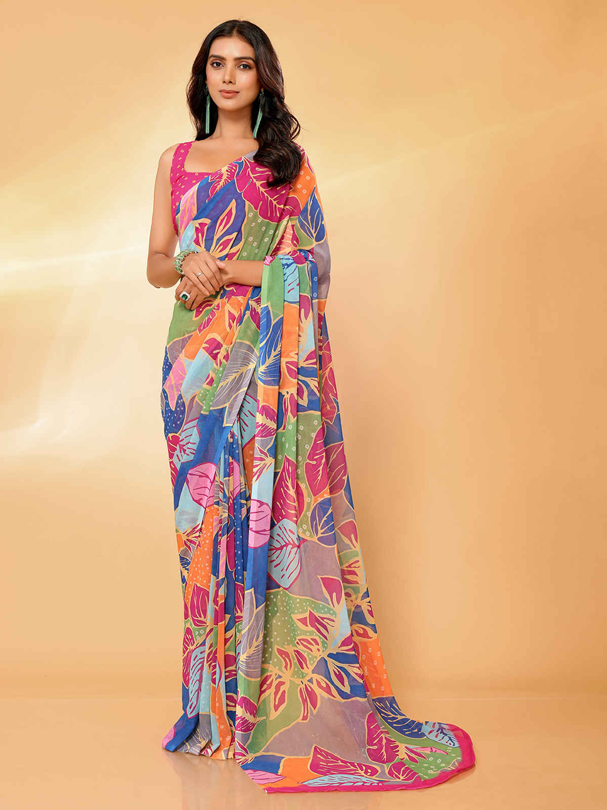 Janasya Women's Georgette Tropical Printed Saree with Blouse Piece | SAR441 | Multicolour
