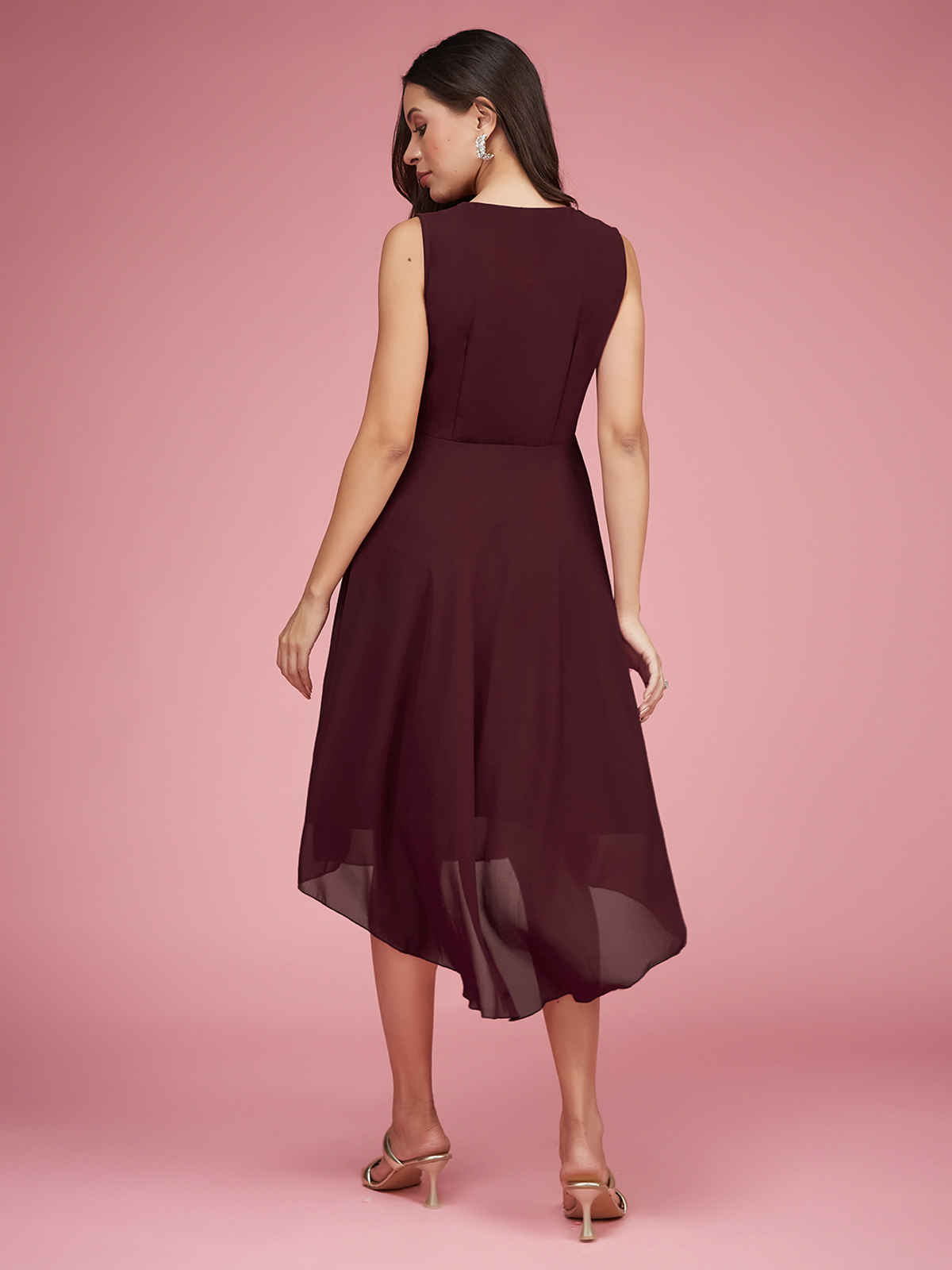 Miss Chase Women Maroon V-Neck Sleeveless Solid High-Low Midi Skater Dress | Maroon | L